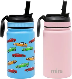 MIRA 2 Pack 12 oz Small Insulated Water Bottle for Cold Drinks | Leak-Proof Stainless Steel with Straw Lid for Travel, Hiking, Gym - Pink, Racecar