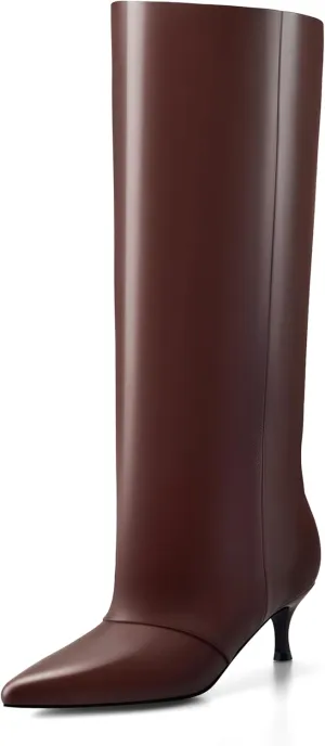 MIRAAZZURRA Knee High Boots Kitten Heel Tall Boots Low Heel Pointed Toe Pull on Slouchy Fashion Long Boots for Women