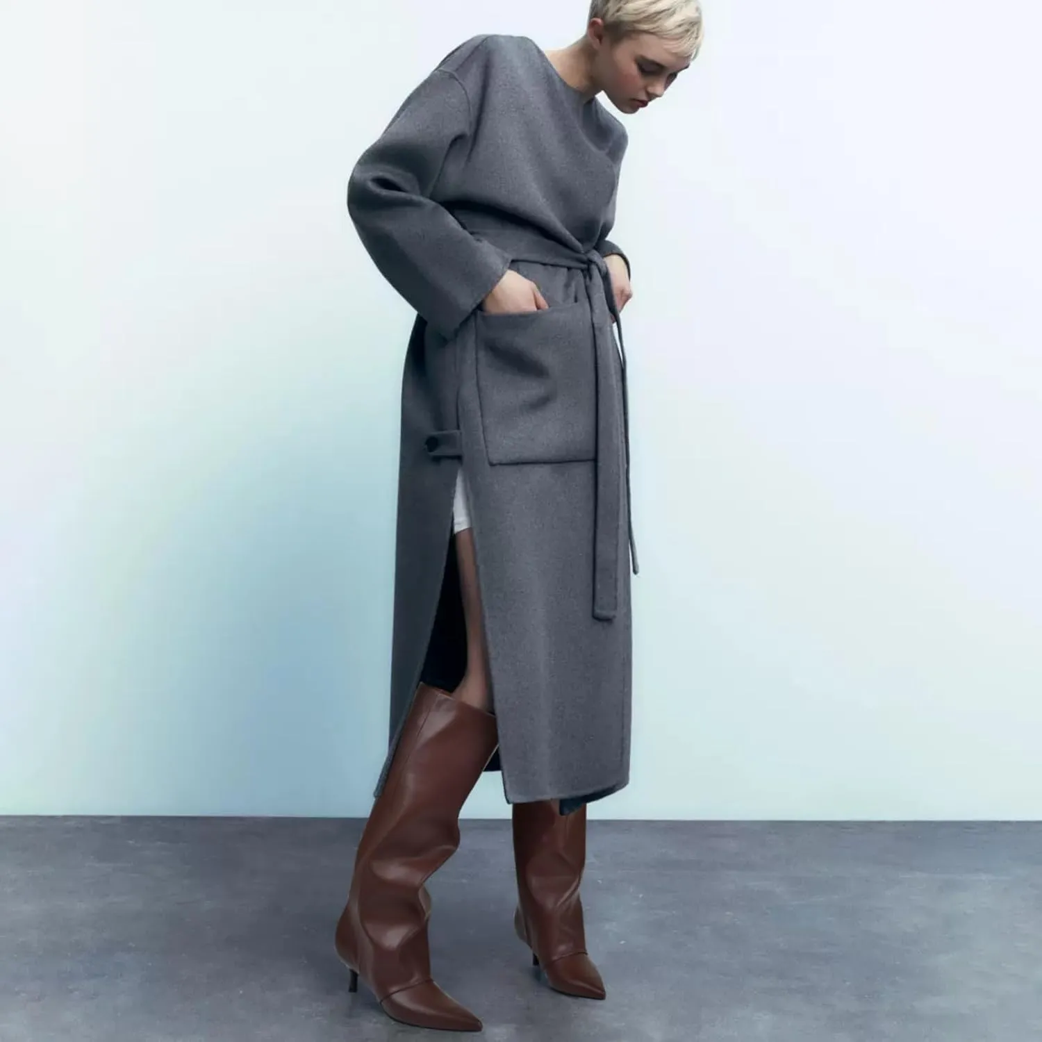 MIRAAZZURRA Knee High Boots Kitten Heel Tall Boots Low Heel Pointed Toe Pull on Slouchy Fashion Long Boots for Women