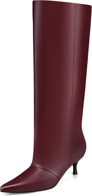MIRAAZZURRA Knee High Boots Kitten Heel Tall Boots Low Heel Pointed Toe Pull on Slouchy Fashion Long Boots for Women