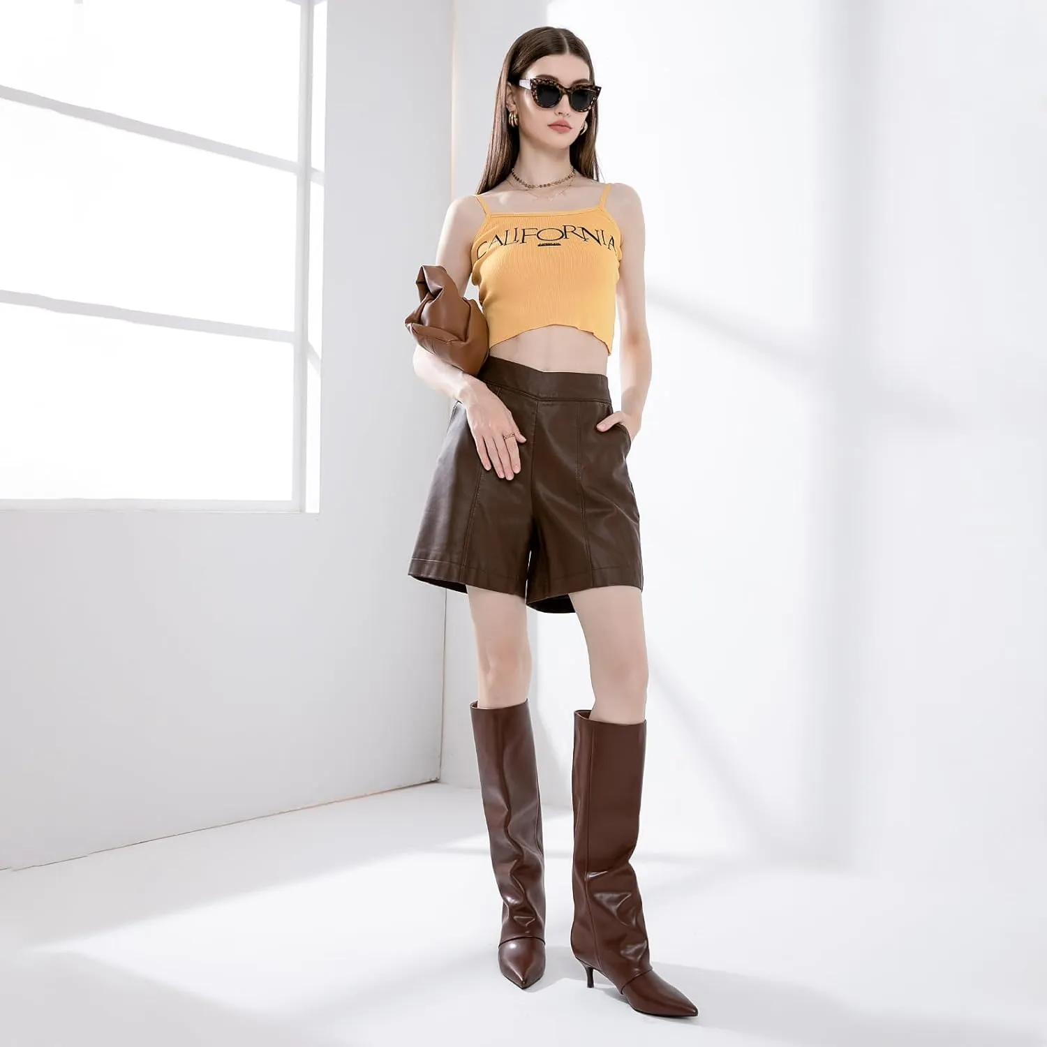 MIRAAZZURRA Knee High Boots Kitten Heel Tall Boots Low Heel Pointed Toe Pull on Slouchy Fashion Long Boots for Women