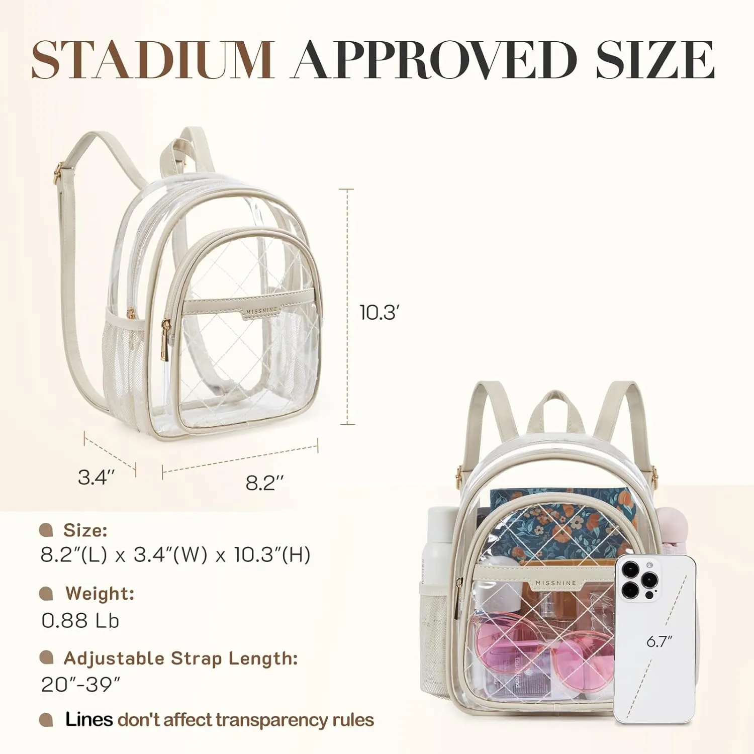 Missnine Clear Backpack for Stadium Approved, Quilted Clear Bag for Stadium Events with Leather Trim for Sports Event, Concert, Festival, Daily