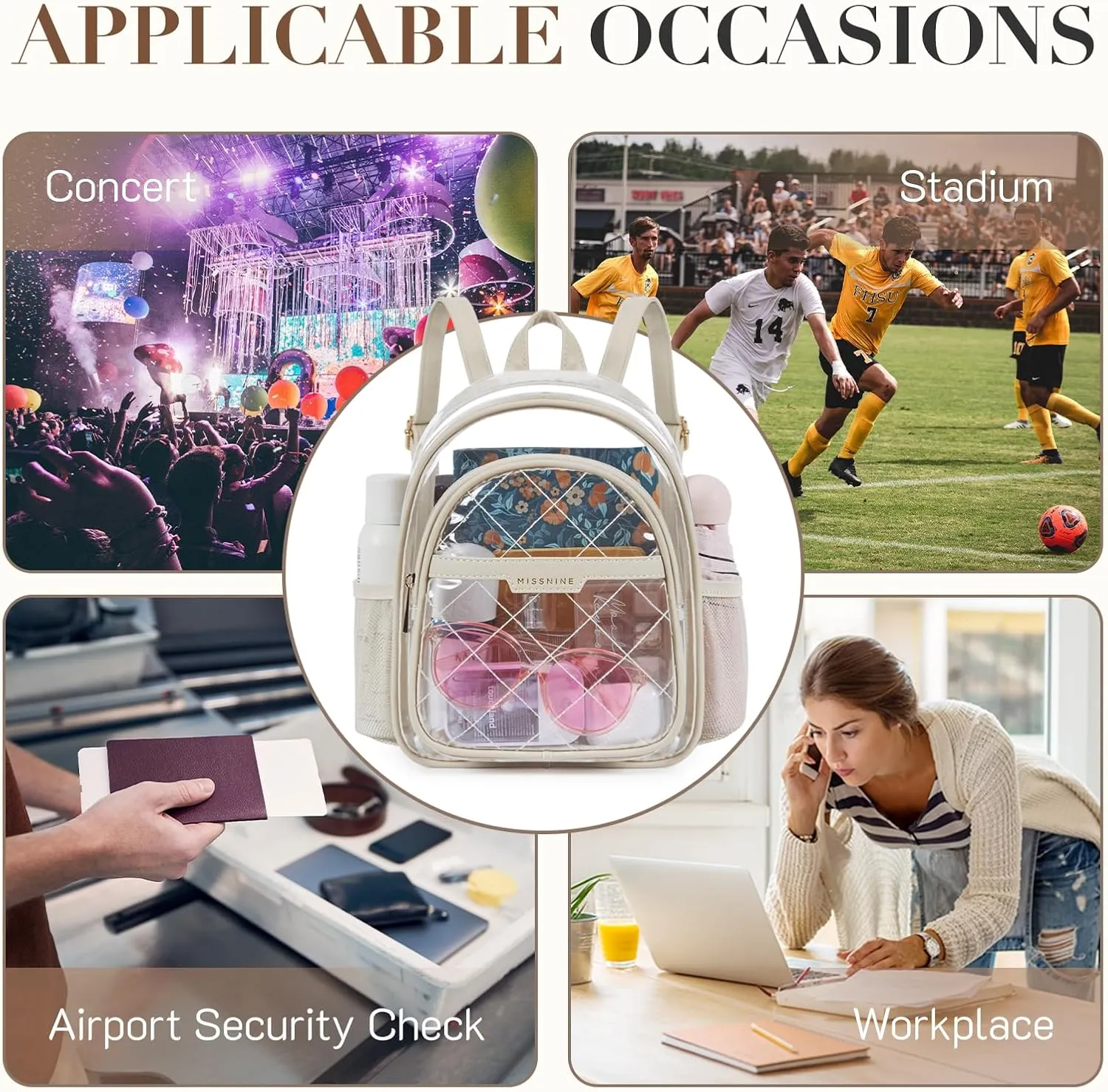 Missnine Clear Backpack for Stadium Approved, Quilted Clear Bag for Stadium Events with Leather Trim for Sports Event, Concert, Festival, Daily