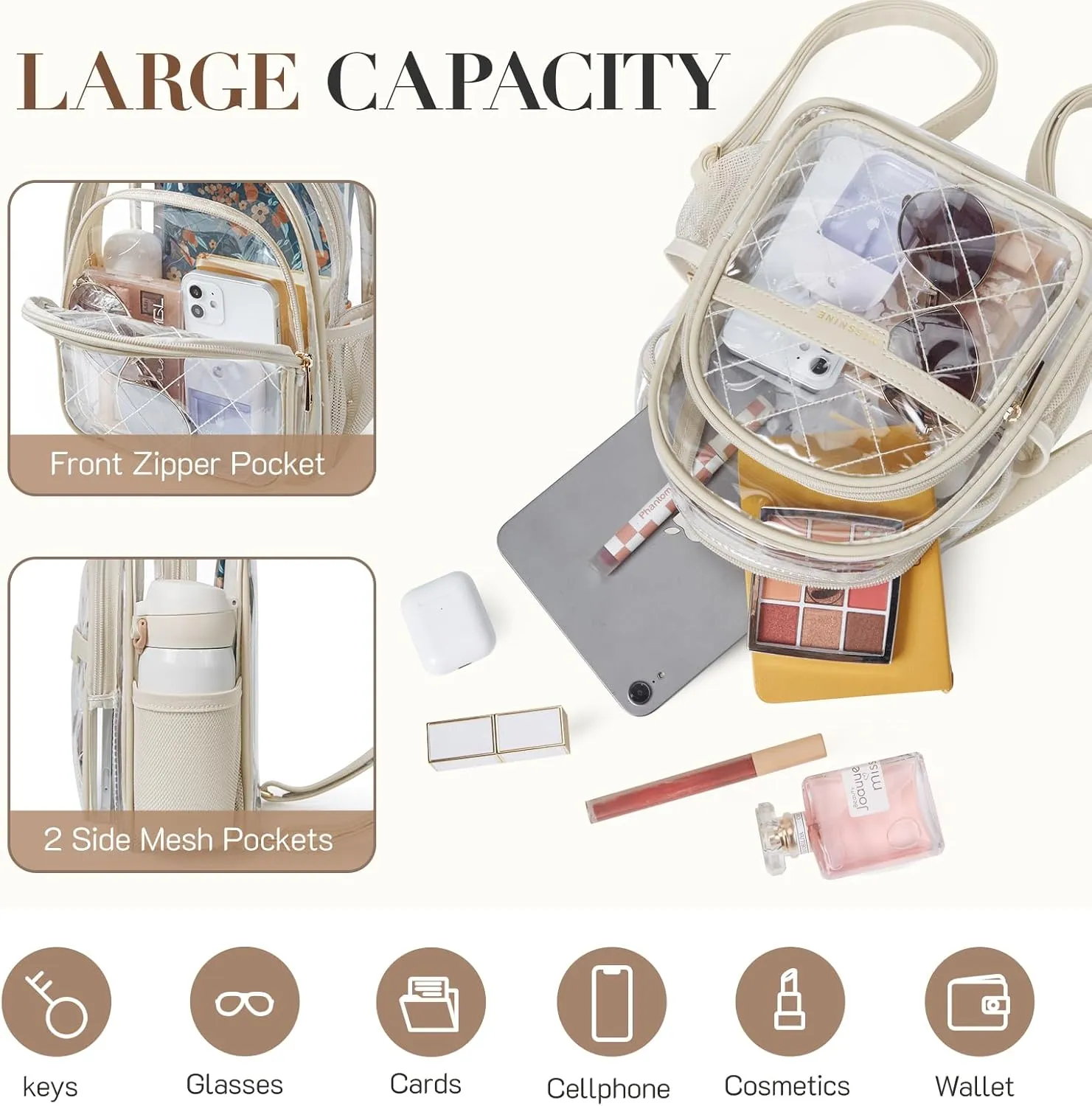 Missnine Clear Backpack for Stadium Approved, Quilted Clear Bag for Stadium Events with Leather Trim for Sports Event, Concert, Festival, Daily