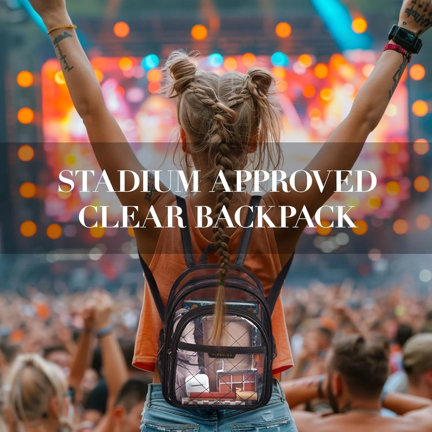 Missnine Clear Backpack for Stadium Approved, Quilted Clear Bag for Stadium Events with Leather Trim for Sports Event, Concert, Festival, Daily