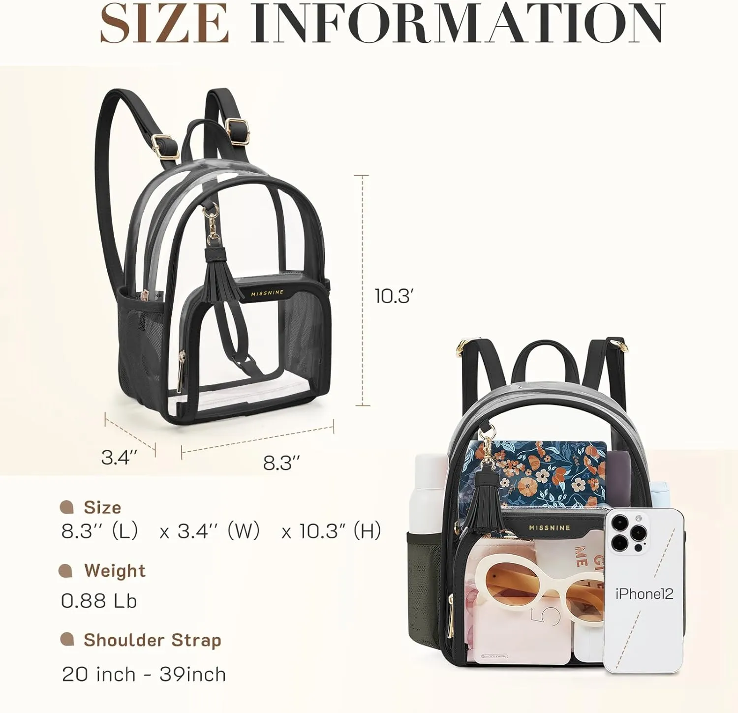 Missnine Clear Backpack Stadium Approved, Thick PVC Mini Clear Bag with Leather Trim for Sports Event, Concert, Festival, Black