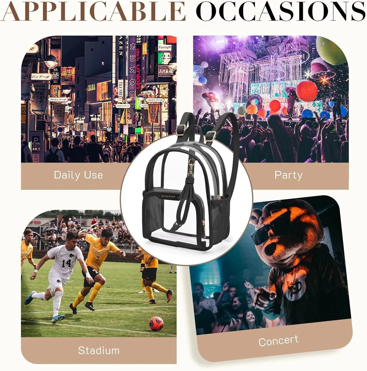 Missnine Clear Backpack Stadium Approved, Thick PVC Mini Clear Bag with Leather Trim for Sports Event, Concert, Festival, Black