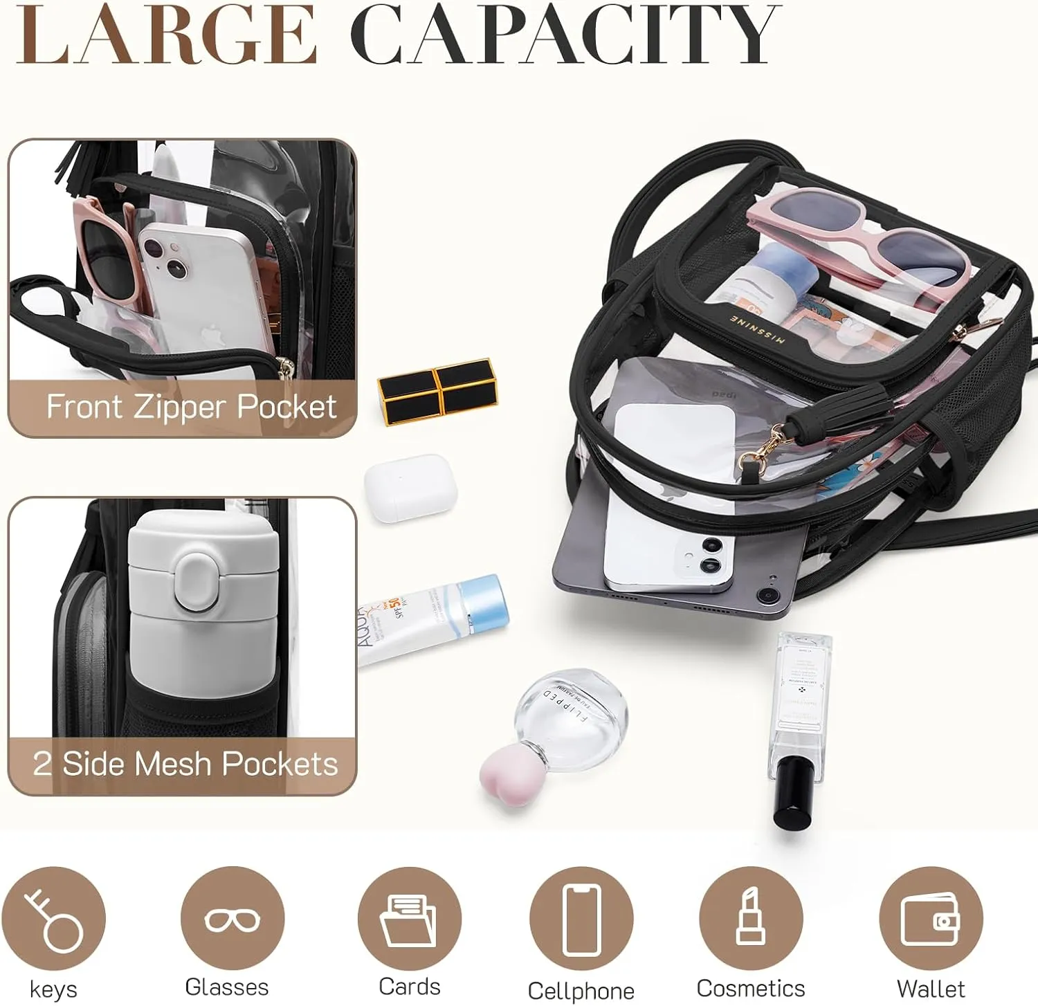 Missnine Clear Backpack Stadium Approved, Thick PVC Mini Clear Bag with Leather Trim for Sports Event, Concert, Festival, Black