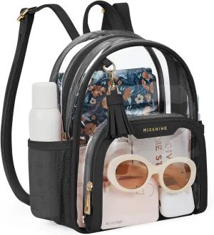 Missnine Clear Backpack Stadium Approved, Thick PVC Mini Clear Bag with Leather Trim for Sports Event, Concert, Festival, Black
