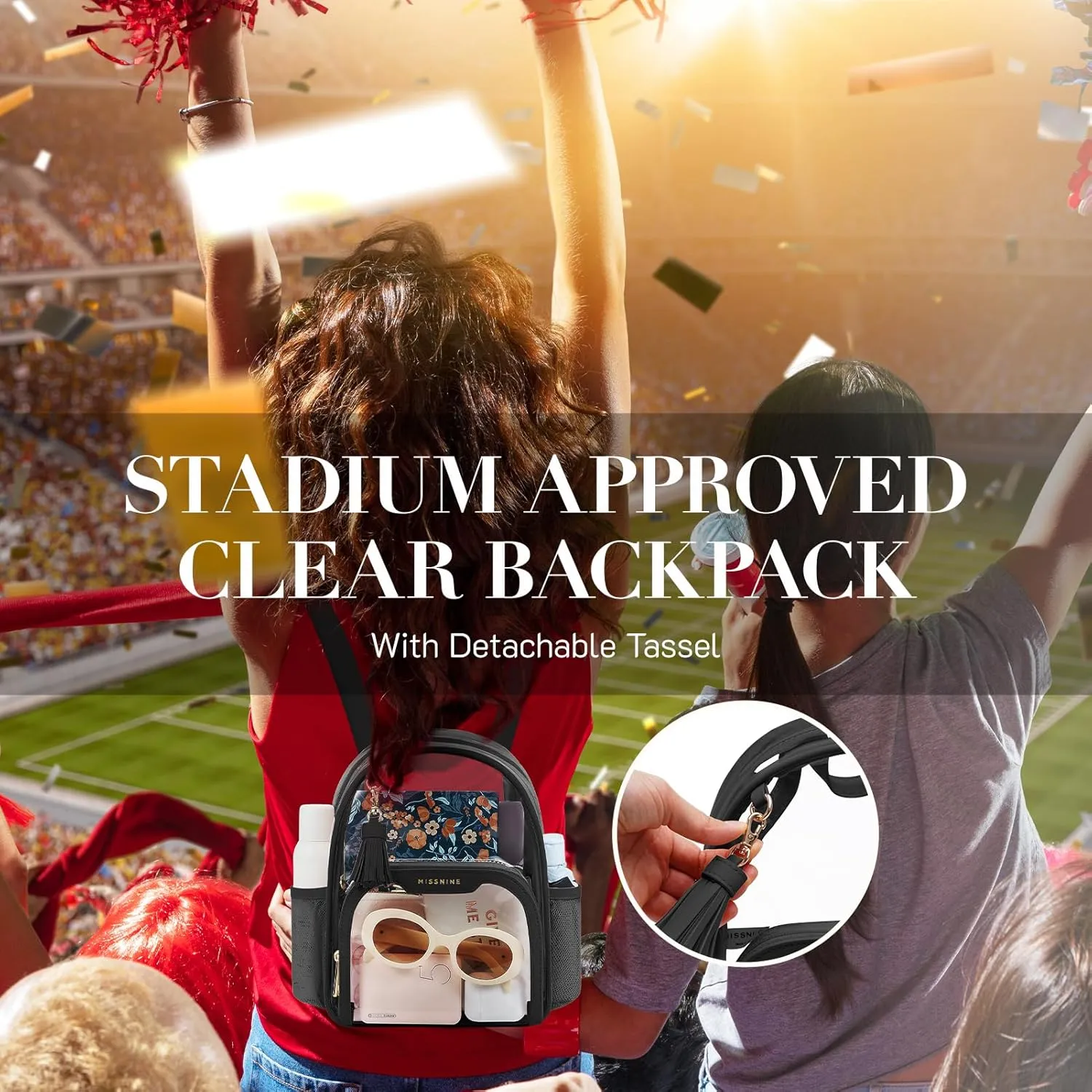 Missnine Clear Backpack Stadium Approved, Thick PVC Mini Clear Bag with Leather Trim for Sports Event, Concert, Festival, Black