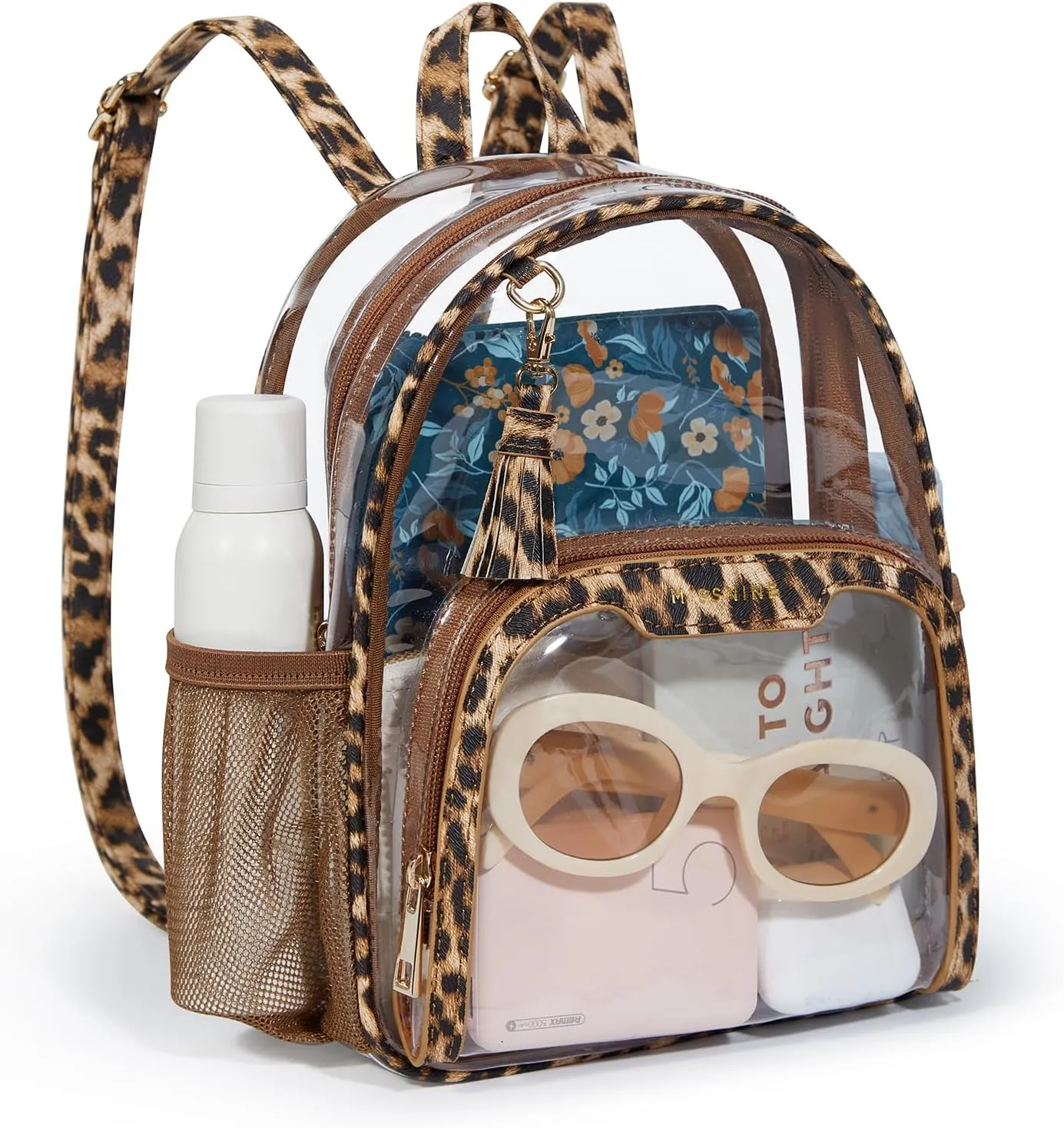 Missnine Clear Backpack Stadium Approved, Thick PVC Mini Clear Bag with Leather Trim for Sports Event, Concert, Festival, Leopard