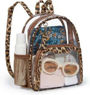 Missnine Clear Backpack Stadium Approved, Thick PVC Mini Clear Bag with Leather Trim for Sports Event, Concert, Festival, Leopard
