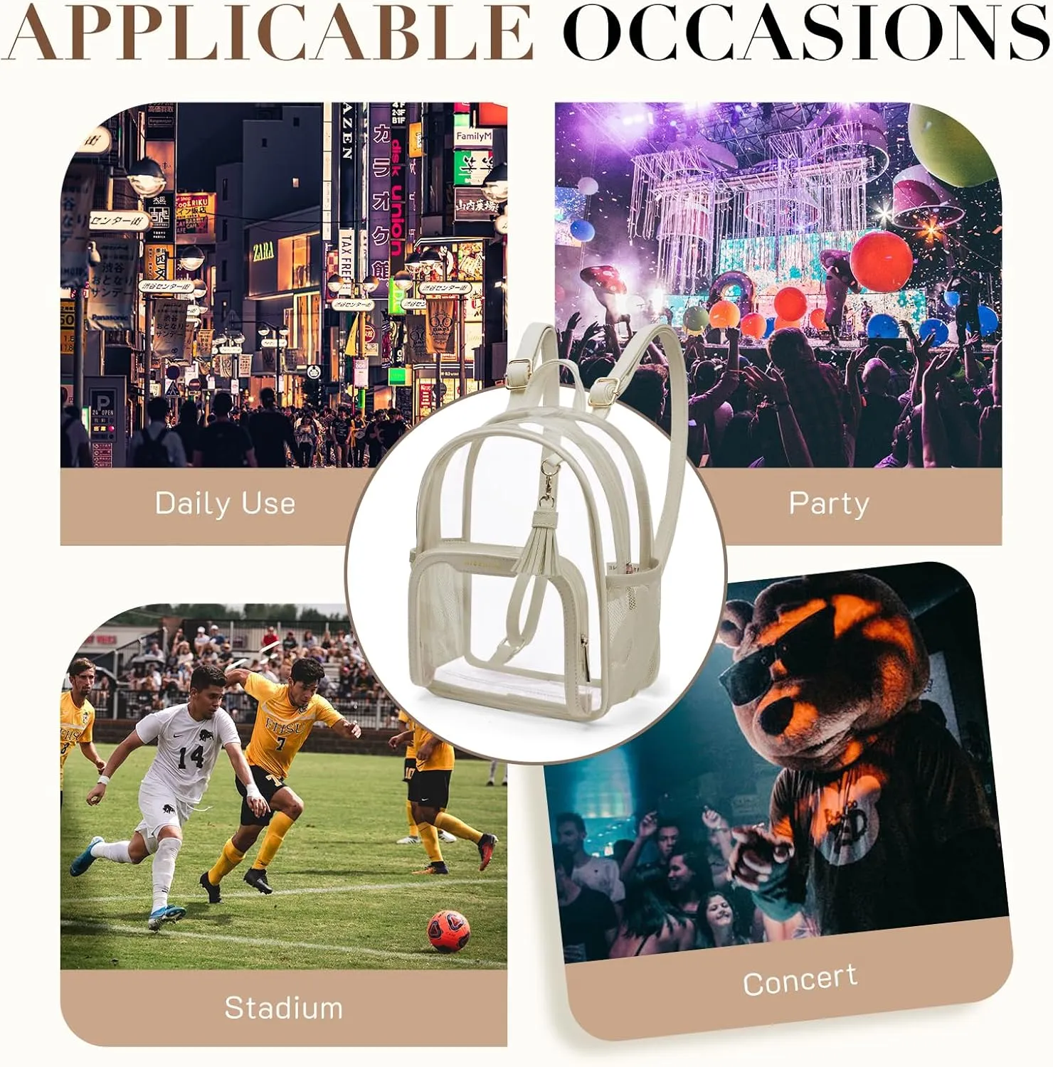Missnine Clear Backpack Stadium Approved, Thick PVC Mini Clear Bag with Leather Trim for Sports Event, Concert, Festival, Leopard