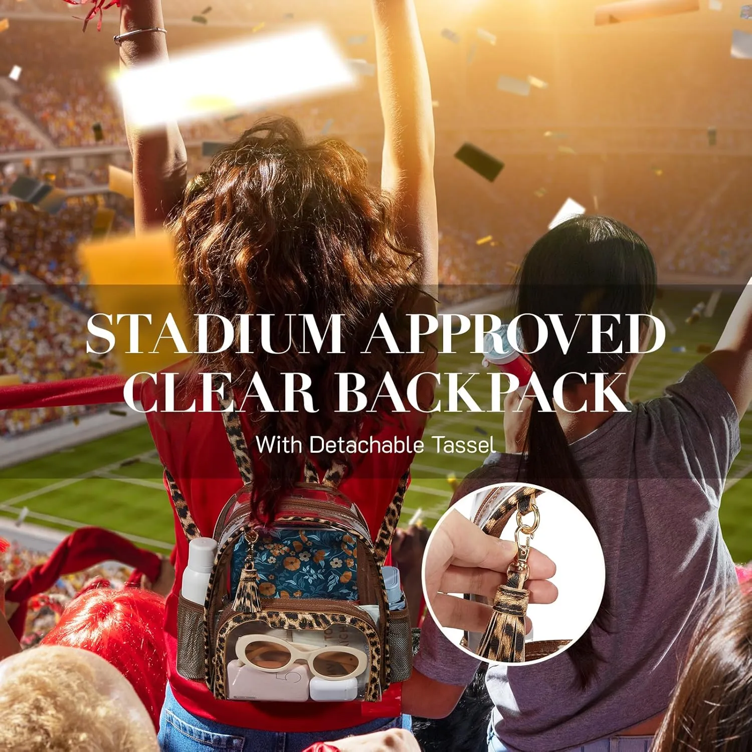 Missnine Clear Backpack Stadium Approved, Thick PVC Mini Clear Bag with Leather Trim for Sports Event, Concert, Festival, Leopard