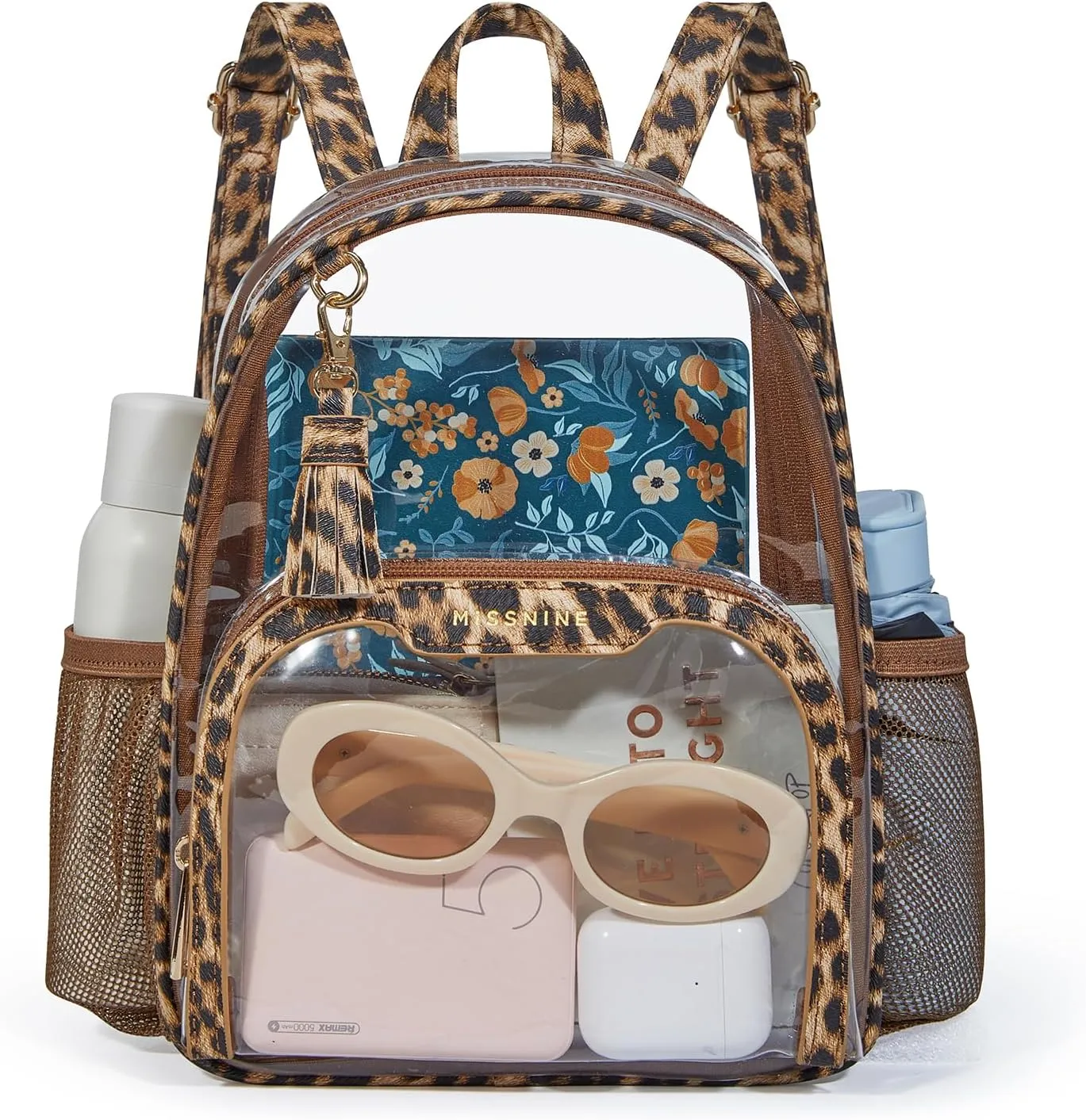 Missnine Clear Backpack Stadium Approved, Thick PVC Mini Clear Bag with Leather Trim for Sports Event, Concert, Festival, Leopard