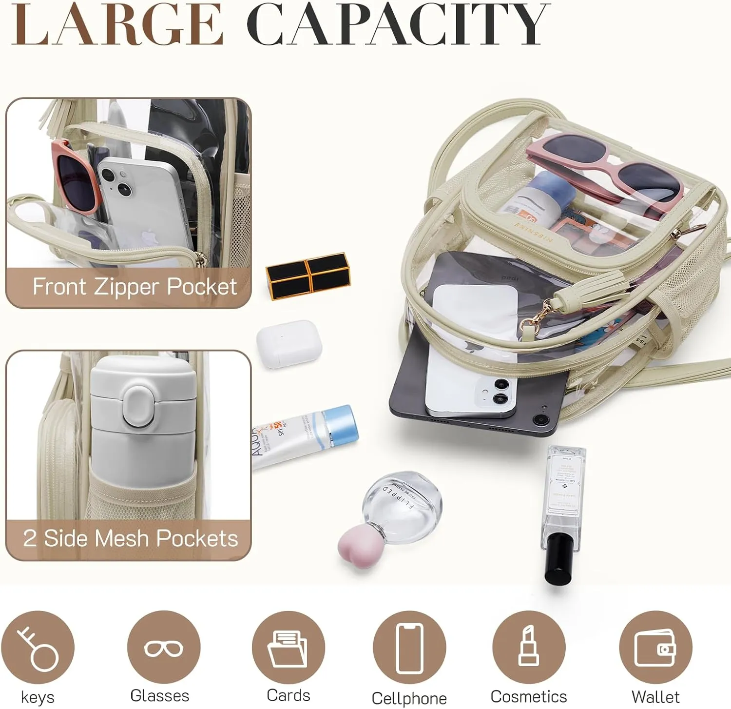 Missnine Clear Backpack Stadium Approved, Thick PVC Mini Clear Bag with Leather Trim for Sports Event, Concert, Festival, Leopard