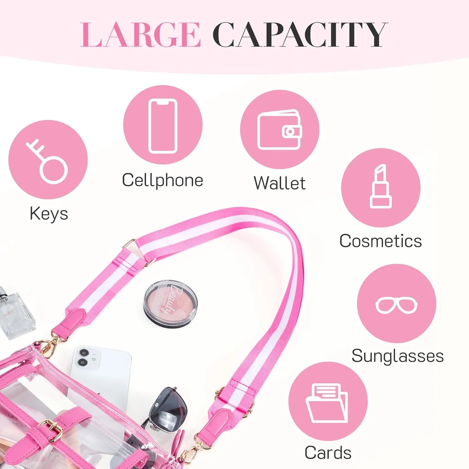 Missnine Clear Bag Stadium Approved PVC Crossbody Purse for Women Transparent Shoulder Concert Bag with Guitar Strap