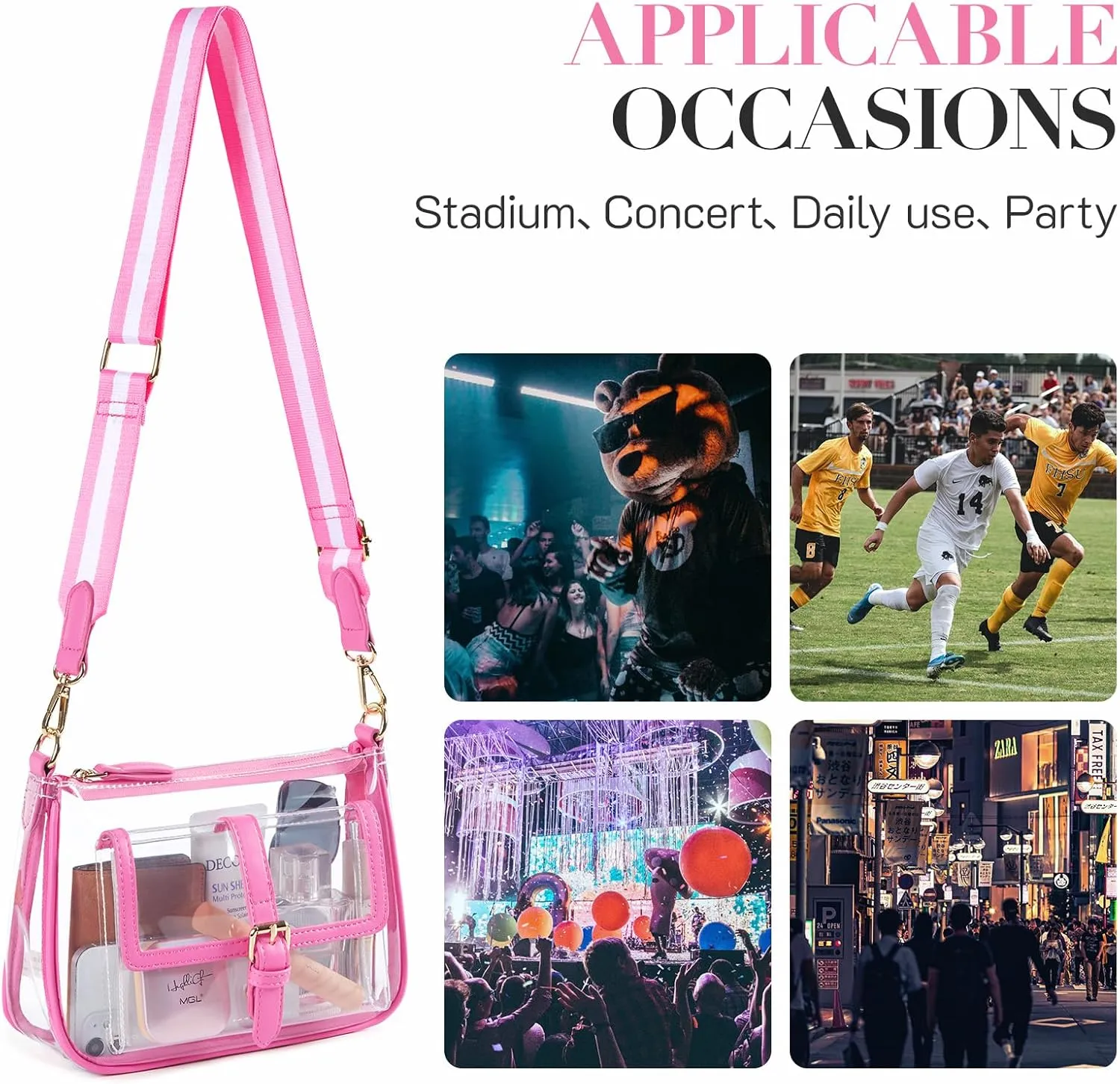 Missnine Clear Bag Stadium Approved PVC Crossbody Purse for Women Transparent Shoulder Concert Bag with Guitar Strap