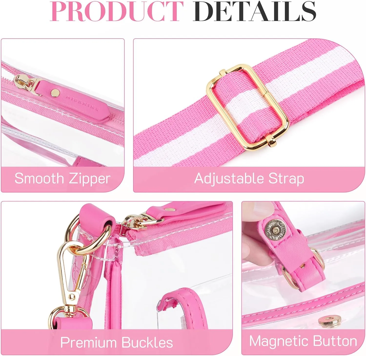 Missnine Clear Bag Stadium Approved PVC Crossbody Purse for Women Transparent Shoulder Concert Bag with Guitar Strap