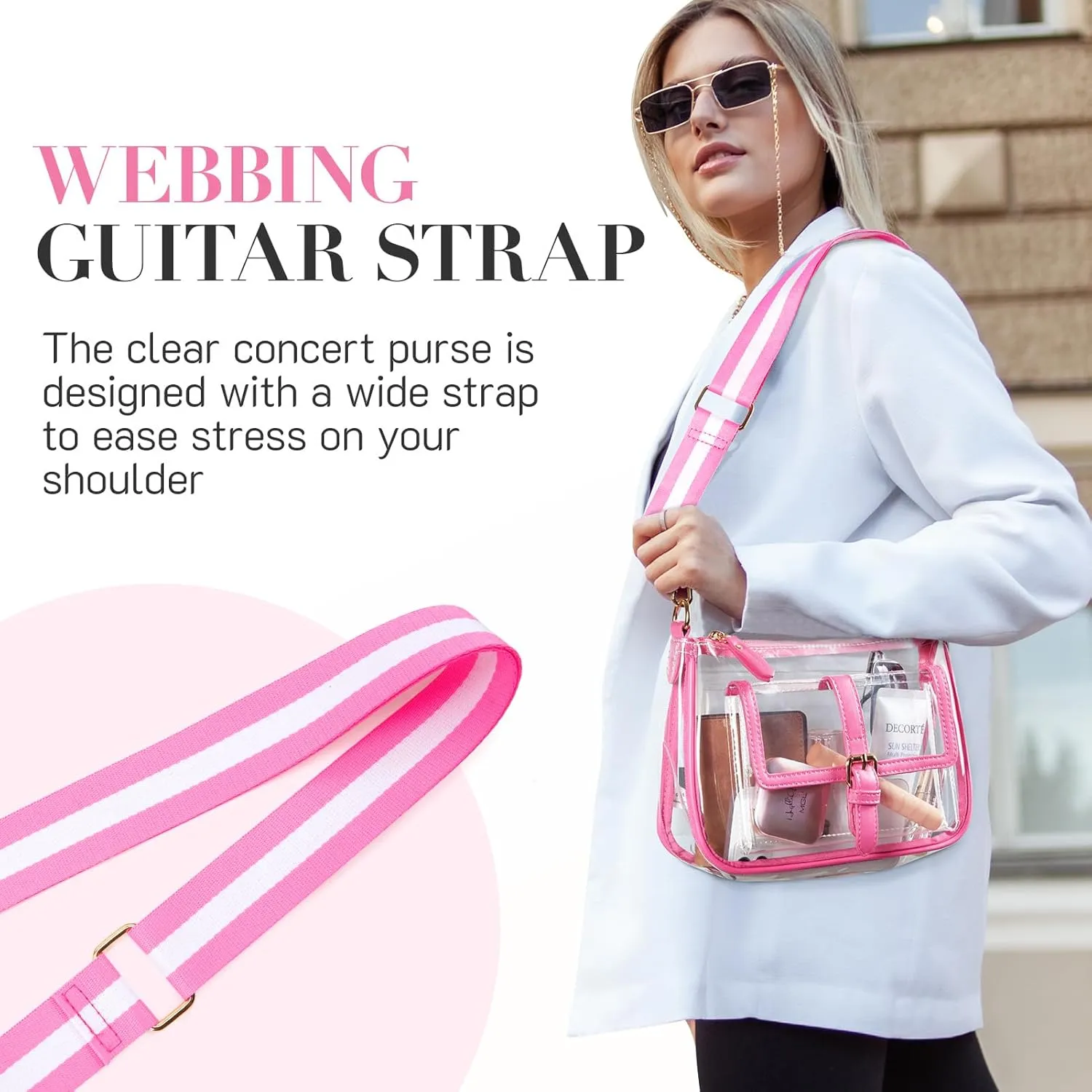 Missnine Clear Bag Stadium Approved PVC Crossbody Purse for Women Transparent Shoulder Concert Bag with Guitar Strap