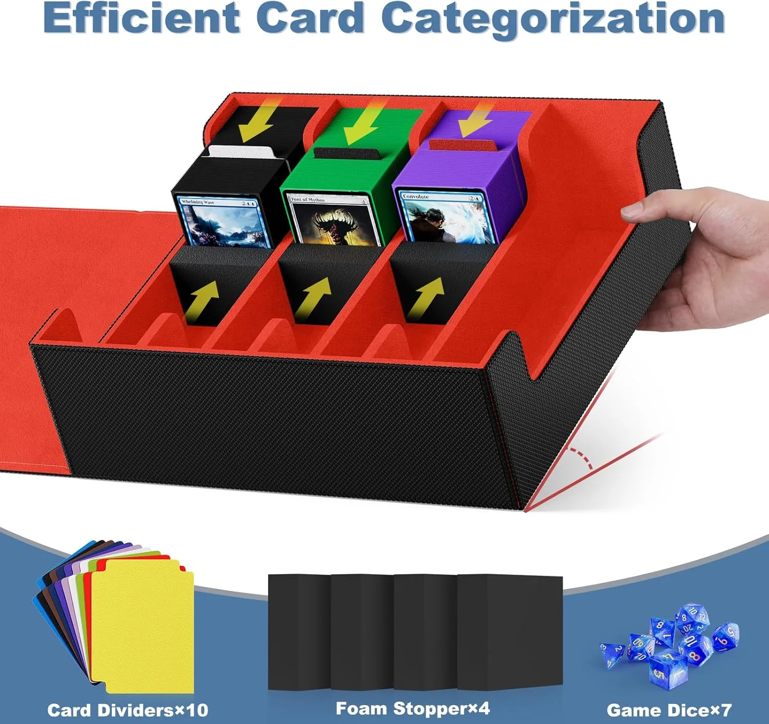 Mlikero Card Deck Case, 2400  Trading Card Storage Box with 10 Colorful Dividers and 4 Foam Stoppers, Leather Magnetic Closure Commander Deck Box Fit for MTG, TCG (4 Rows, Black&Red)