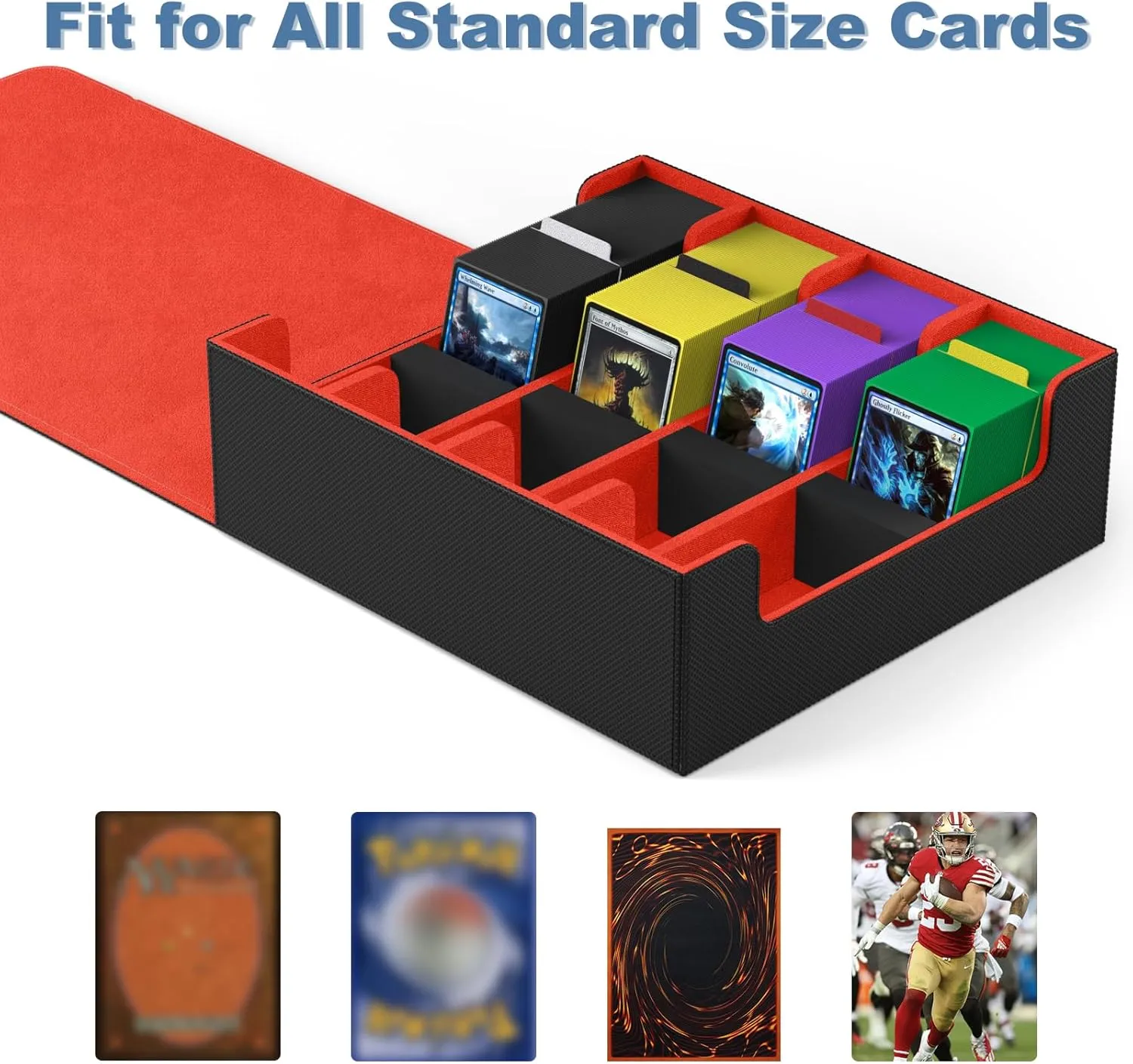 Mlikero Card Deck Case, 2400  Trading Card Storage Box with 10 Colorful Dividers and 4 Foam Stoppers, Leather Magnetic Closure Commander Deck Box Fit for MTG, TCG (4 Rows, Black&Red)