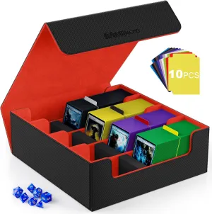 Mlikero Card Deck Case, 2400  Trading Card Storage Box with 10 Colorful Dividers and 4 Foam Stoppers, Leather Magnetic Closure Commander Deck Box Fit for MTG, TCG (4 Rows, Black&Red)