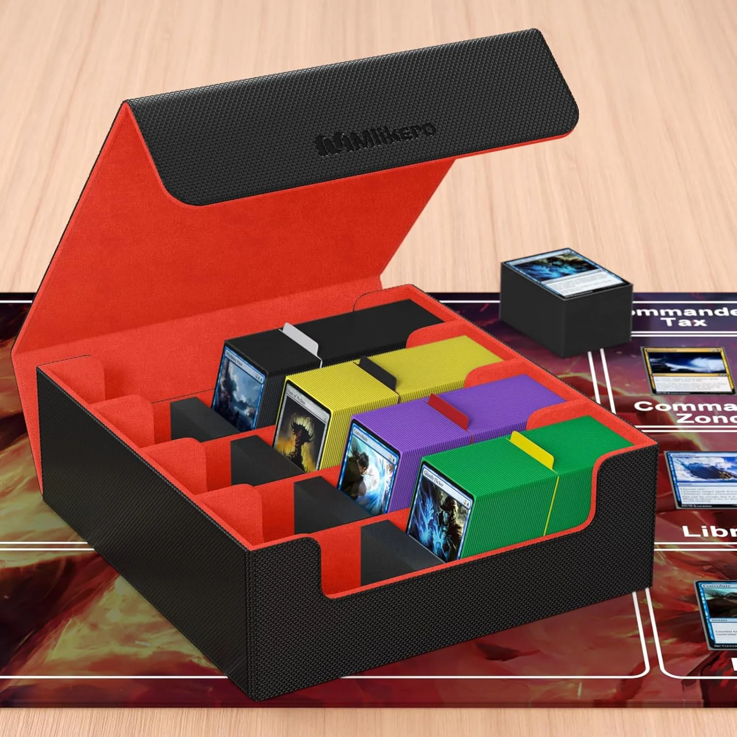 Mlikero Card Deck Case, 2400  Trading Card Storage Box with 10 Colorful Dividers and 4 Foam Stoppers, Leather Magnetic Closure Commander Deck Box Fit for MTG, TCG (4 Rows, Black&Red)