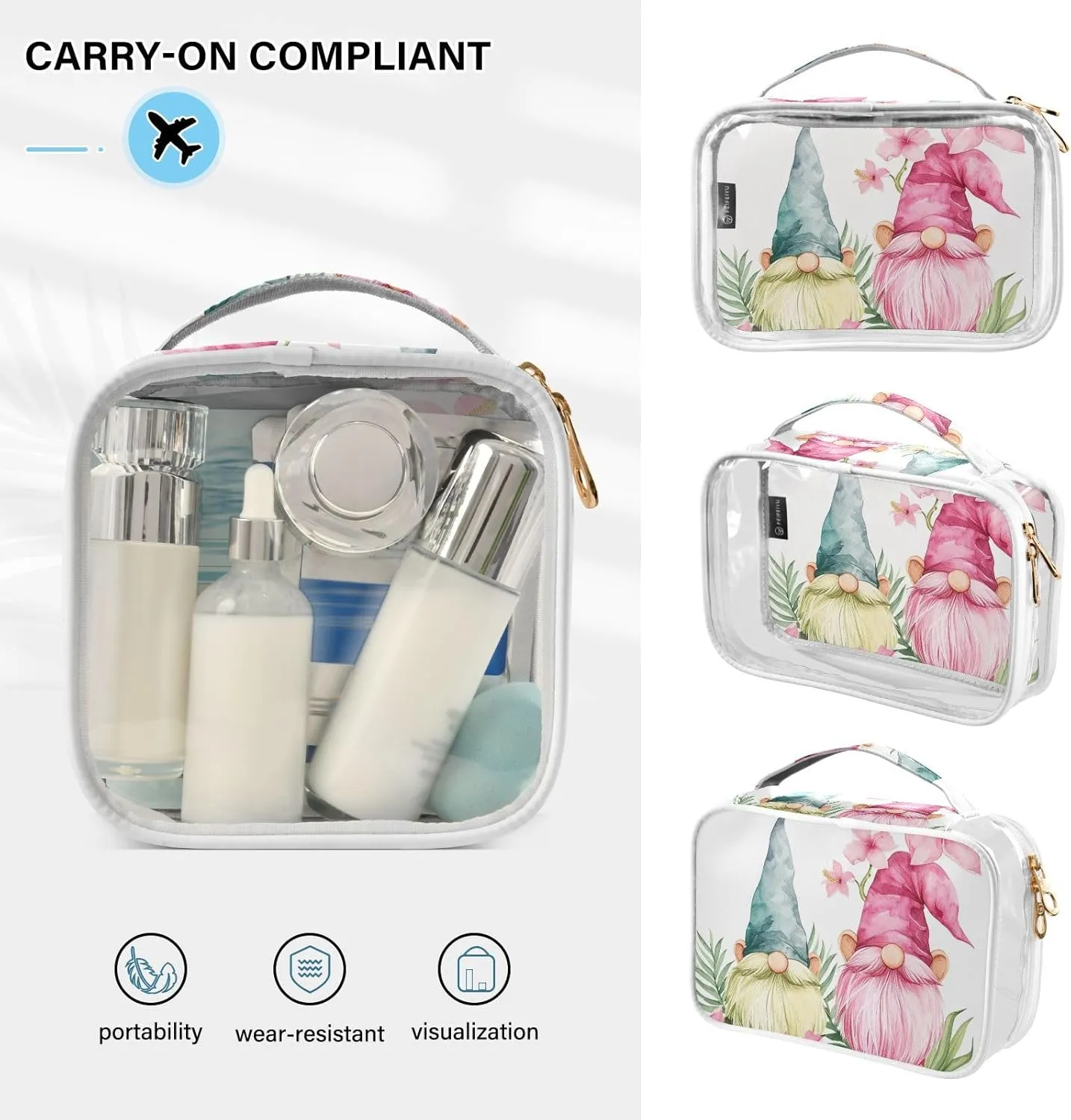 MNSRUU Clear Makeup Bags Dwarf and Flowers Toiletry Bag for Women 2 PCS Waterproof Clear Bags Clear Travel Toiletry Bag Small Cosmetic Makeup Bag, Carry on Airport Airline Compliant Bag