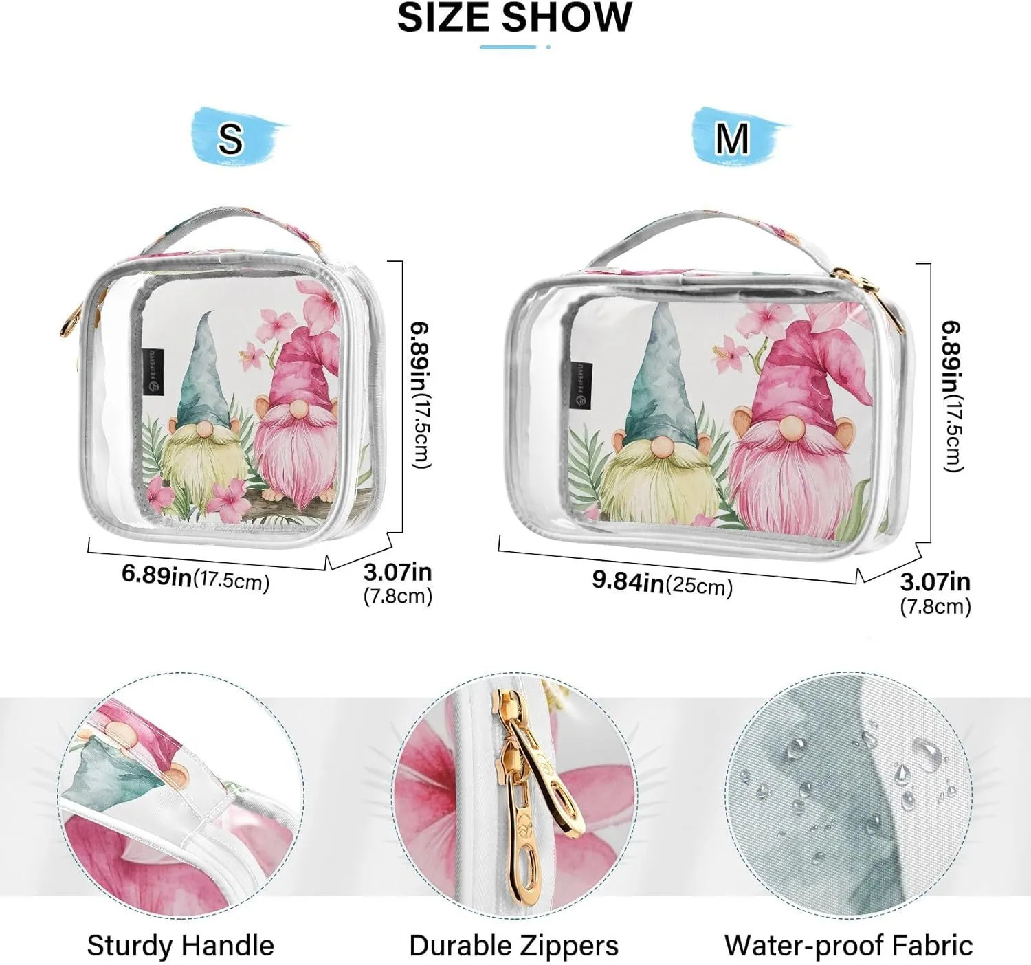 MNSRUU Clear Makeup Bags Dwarf and Flowers Toiletry Bag for Women 2 PCS Waterproof Clear Bags Clear Travel Toiletry Bag Small Cosmetic Makeup Bag, Carry on Airport Airline Compliant Bag