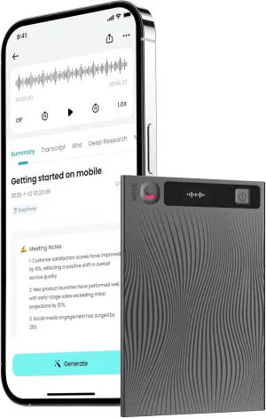 Mobvoi TicNote AI Voice Recorder 64GB Memory Note Recorder w/Case App Control 100 Languages Transcribe Summarize with AI Shadow Digital Audio Recorder for Phone Calls Lectures Meetings Interviews
