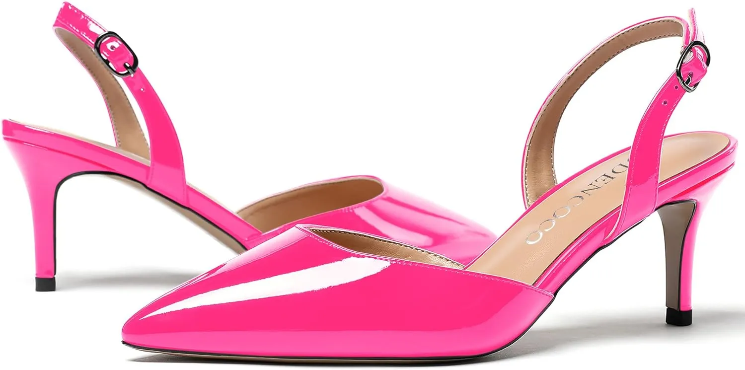 MODENCOCO Women's Patent Leather Pointed Toe Ankle Strap Cut Out Slingback Stiletto Mid Heel Pumps Shoes 2.5 Inch