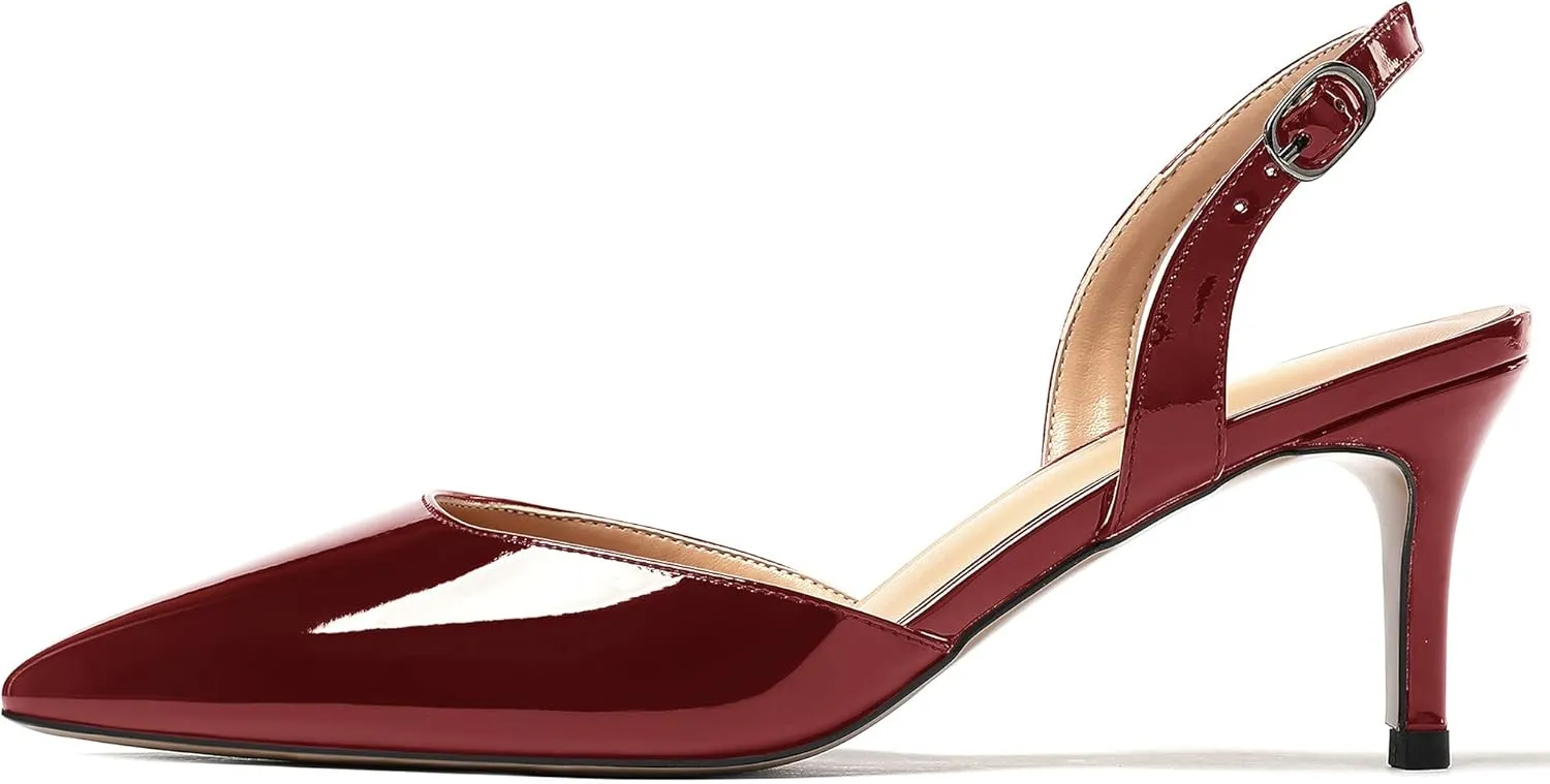 MODENCOCO Women's Patent Leather Pointed Toe Ankle Strap Cut Out Slingback Stiletto Mid Heel Pumps Shoes 2.5 Inch
