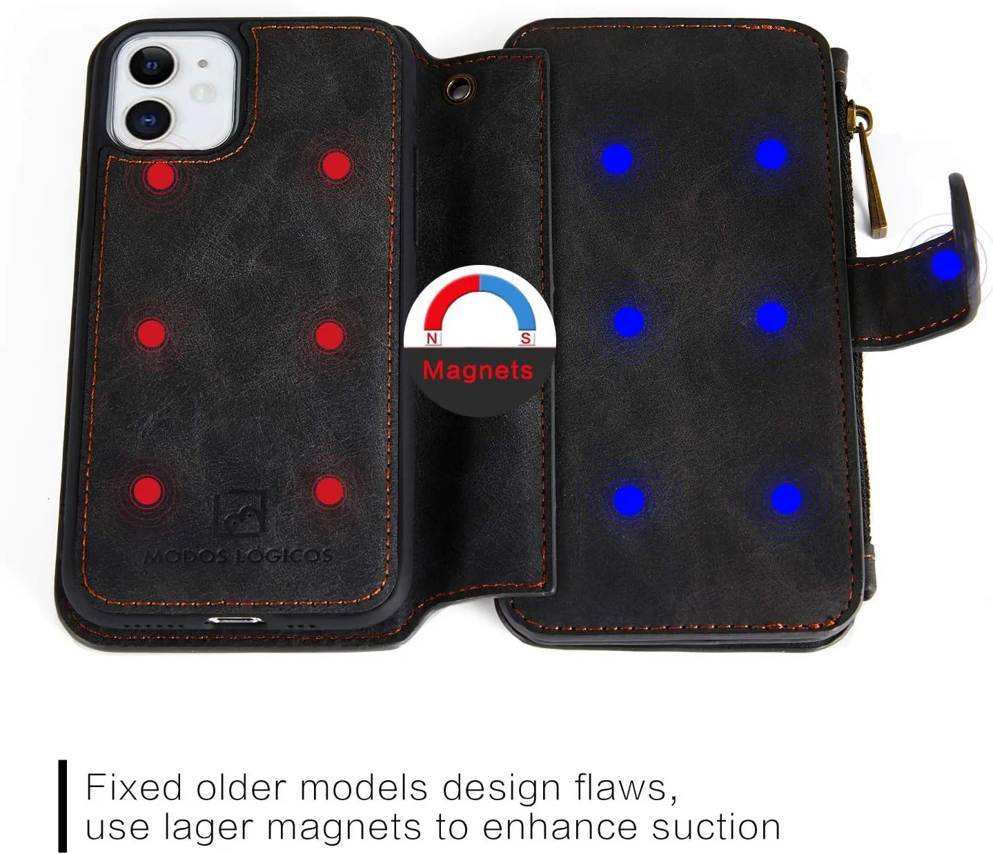 MODOS LOGICOS Case for iPhone 11, [Detachable Wallet Folio][2 in 1][Zipper Cash Storage][Up to 14 Card Slots 1 Photo Window] PU Leather Purse with Removable Inner Magnetic TPU Case - Black