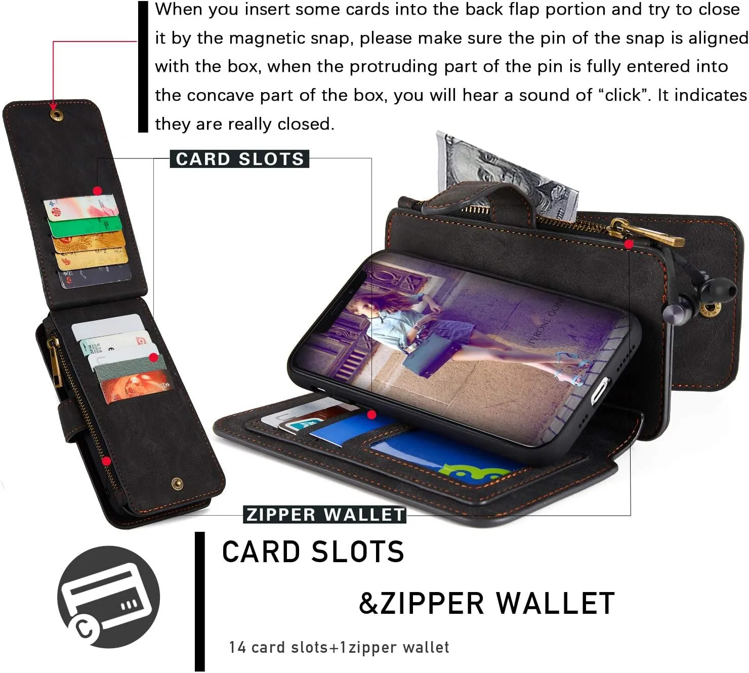 MODOS LOGICOS Case for iPhone 11, [Detachable Wallet Folio][2 in 1][Zipper Cash Storage][Up to 14 Card Slots 1 Photo Window] PU Leather Purse with Removable Inner Magnetic TPU Case - Black