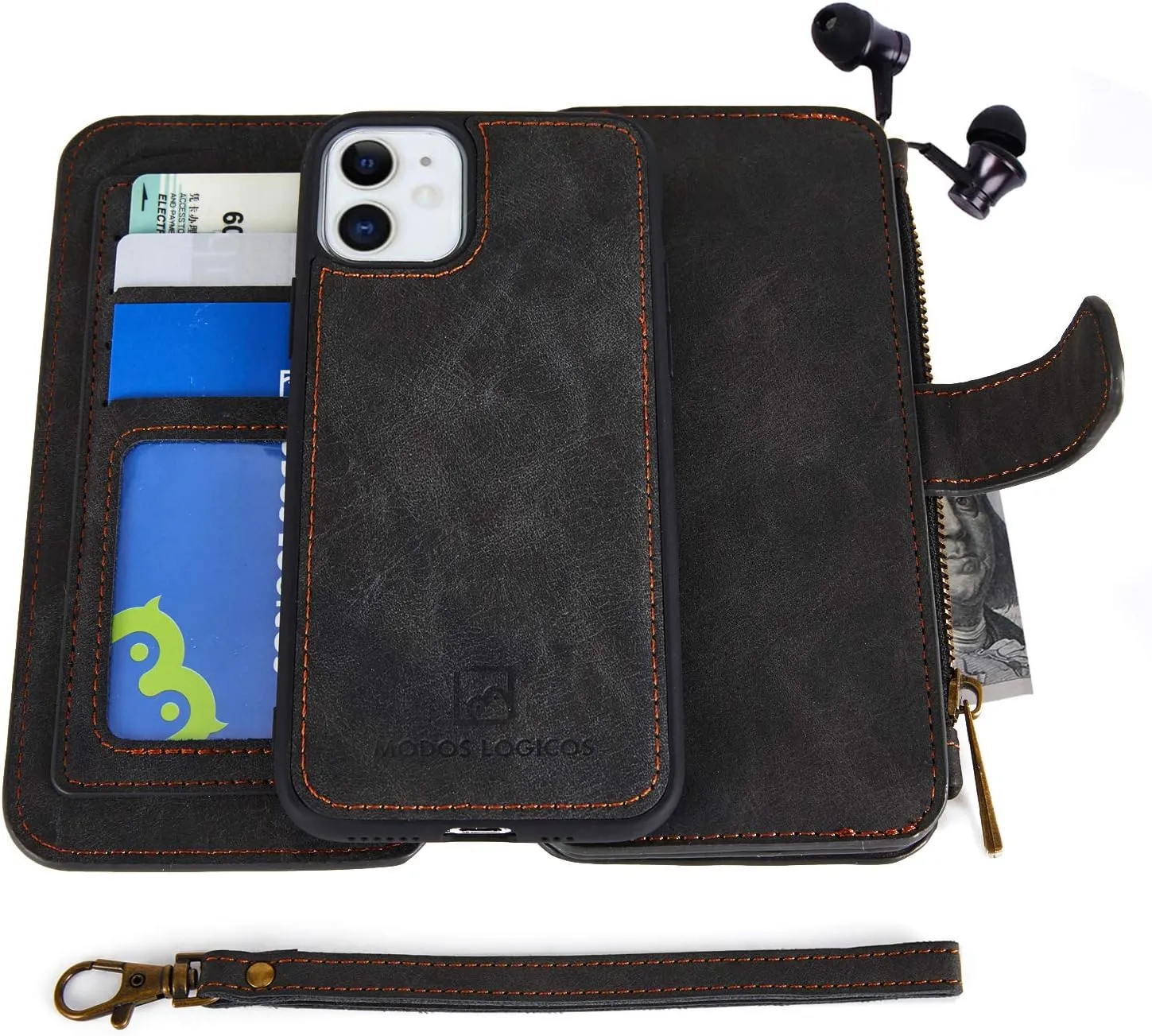 MODOS LOGICOS Case for iPhone 11, [Detachable Wallet Folio][2 in 1][Zipper Cash Storage][Up to 14 Card Slots 1 Photo Window] PU Leather Purse with Removable Inner Magnetic TPU Case - Black