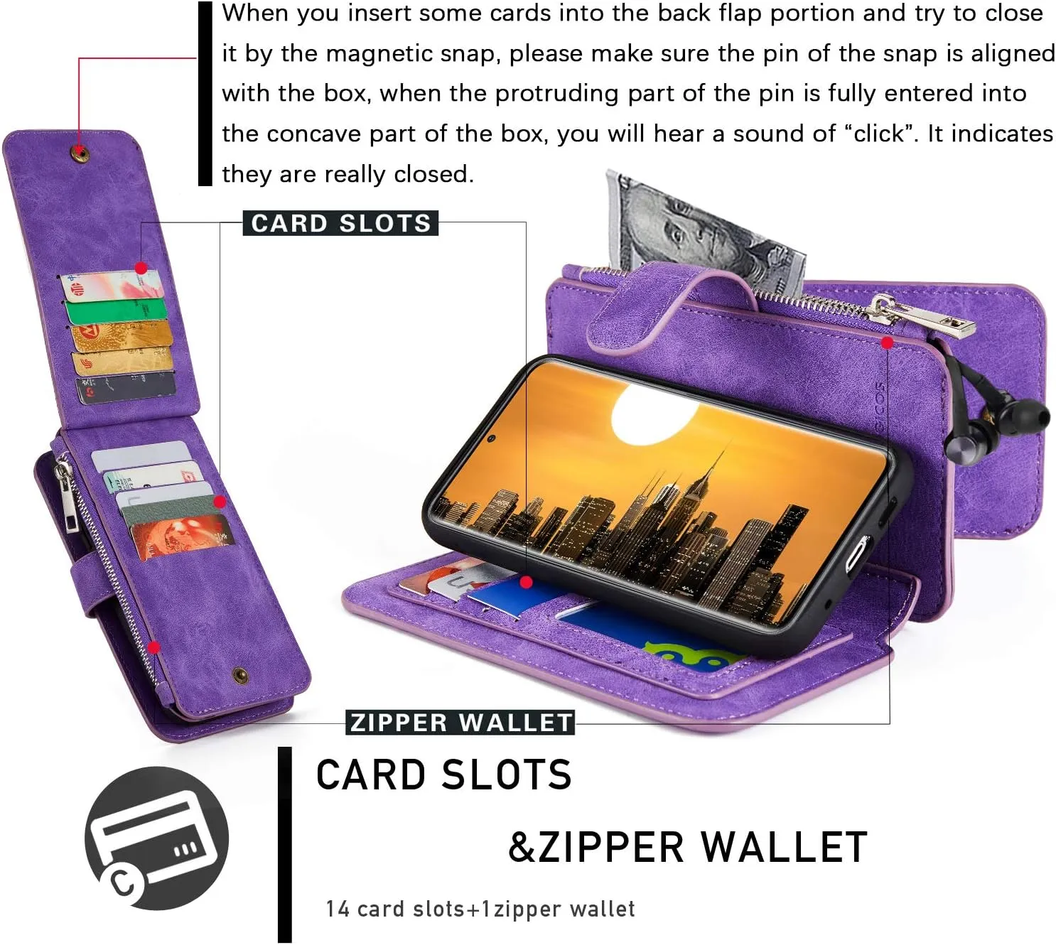 MODOS LOGICOS Case for Samsung Galaxy S20  / S20  5G, [Detachable Wallet][2 in 1][Zipper Cash Storage][14 Card Slots 1 Id Window] PU Leather Purse with Removable Inner Magnetic TPU Case - Purple