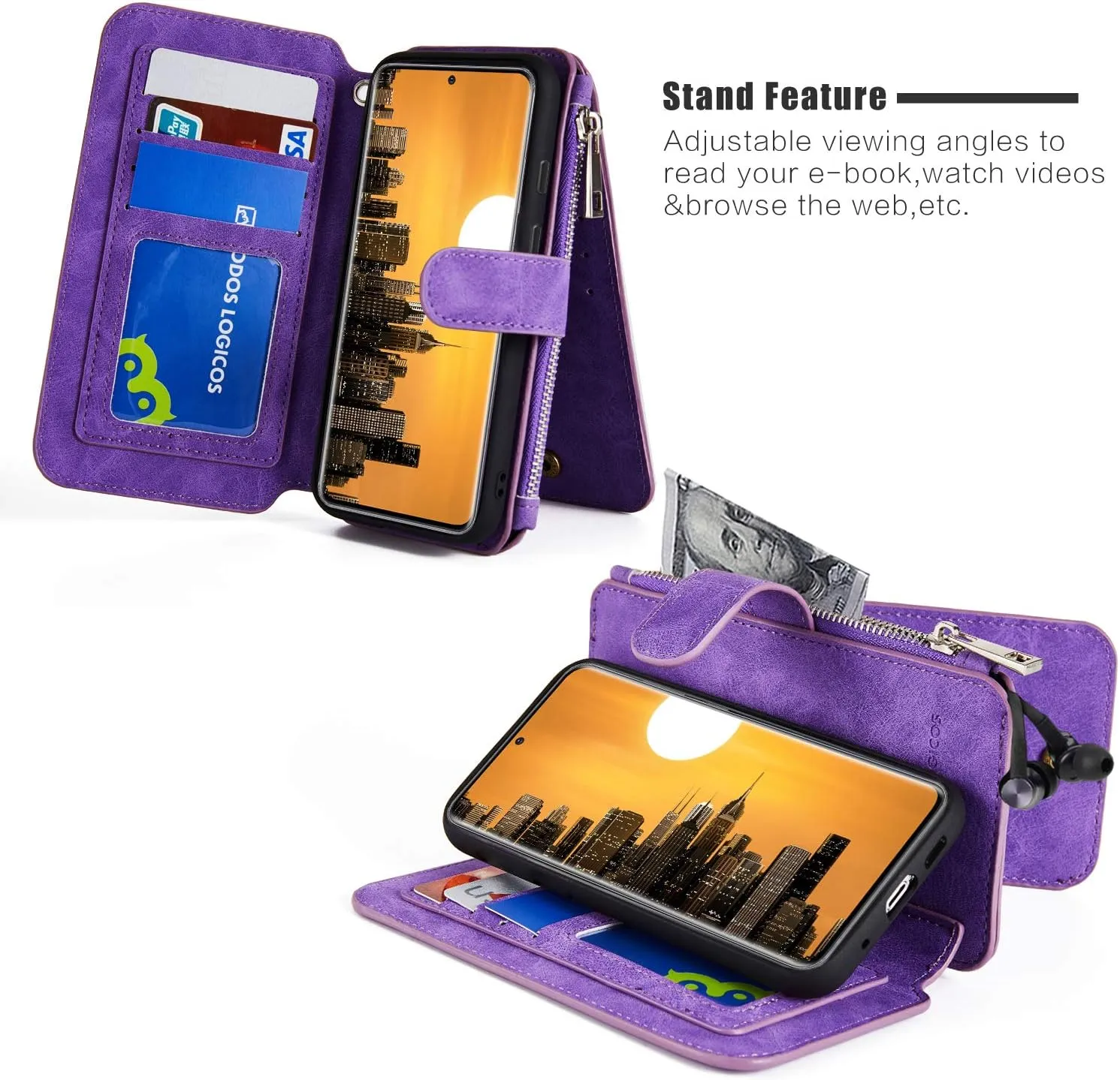 MODOS LOGICOS Case for Samsung Galaxy S20  / S20  5G, [Detachable Wallet][2 in 1][Zipper Cash Storage][14 Card Slots 1 Id Window] PU Leather Purse with Removable Inner Magnetic TPU Case - Purple