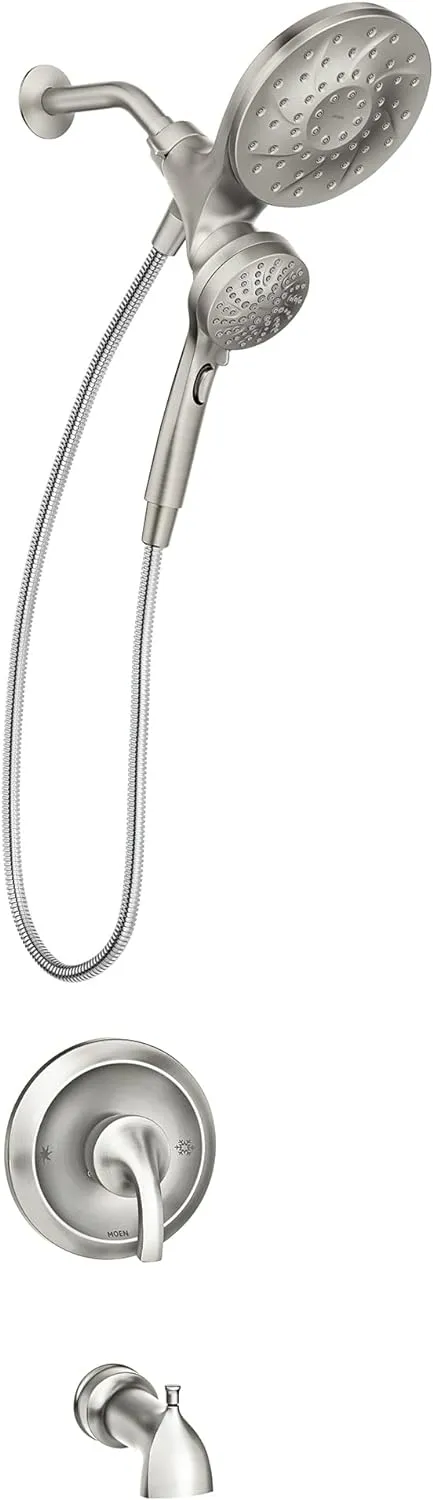 Moen Engage Magnetix Spot Resist Brushed Nickel Multi-Function Handshower and Rainfall Shower Head Trim Combo with Shower Handle, Tub Spout, Metal Hose and Valve, 82304SRN