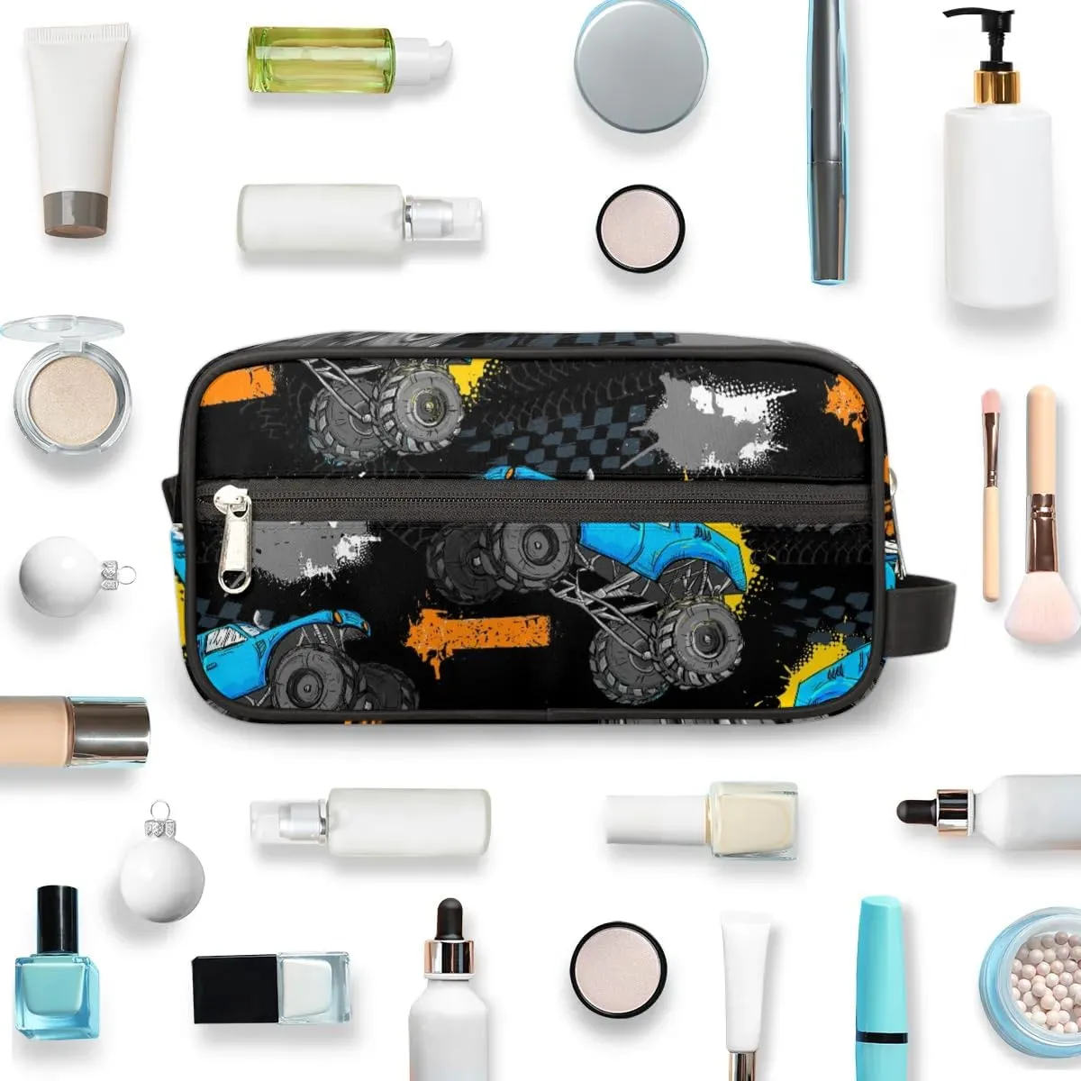 Monster Car Trucks Toiletry Bag for Boys Men, Travel Toiletry Bag for Woman Cosmetic Makeup Bag, Tire Tracks Waterproof Shaving Bag for Toiletries Accessories Travel Essentials