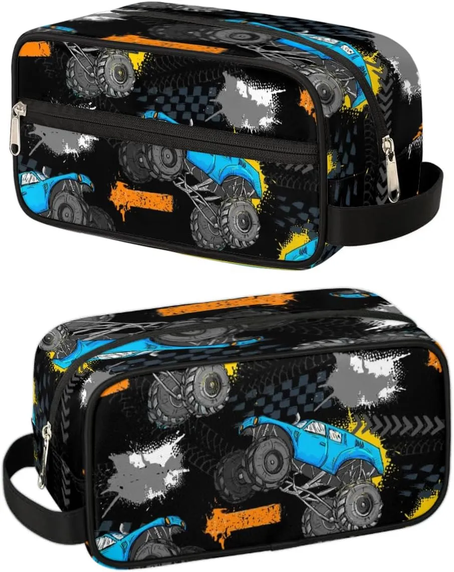 Monster Car Trucks Toiletry Bag for Boys Men, Travel Toiletry Bag for Woman Cosmetic Makeup Bag, Tire Tracks Waterproof Shaving Bag for Toiletries Accessories Travel Essentials