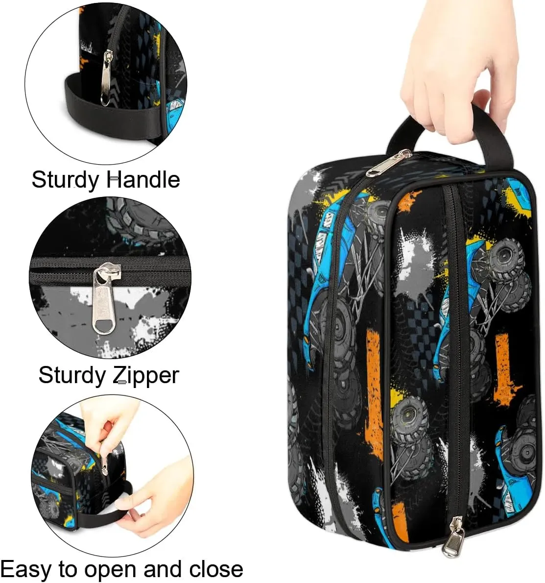 Monster Car Trucks Toiletry Bag for Boys Men, Travel Toiletry Bag for Woman Cosmetic Makeup Bag, Tire Tracks Waterproof Shaving Bag for Toiletries Accessories Travel Essentials