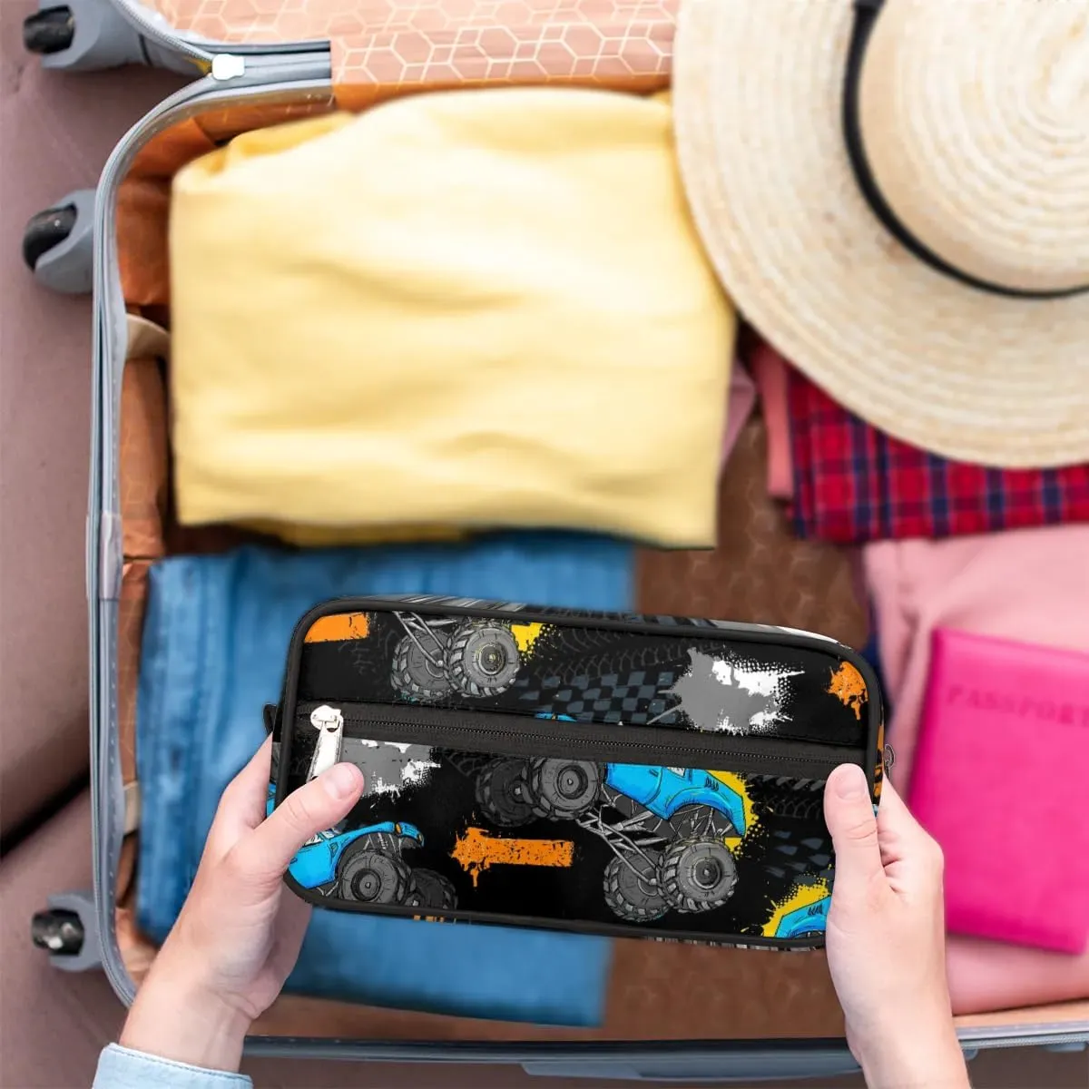 Monster Car Trucks Toiletry Bag for Boys Men, Travel Toiletry Bag for Woman Cosmetic Makeup Bag, Tire Tracks Waterproof Shaving Bag for Toiletries Accessories Travel Essentials