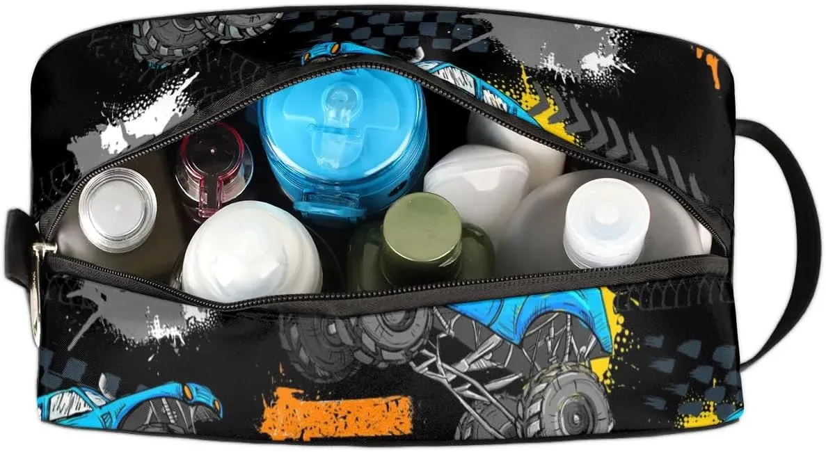 Monster Car Trucks Toiletry Bag for Boys Men, Travel Toiletry Bag for Woman Cosmetic Makeup Bag, Tire Tracks Waterproof Shaving Bag for Toiletries Accessories Travel Essentials
