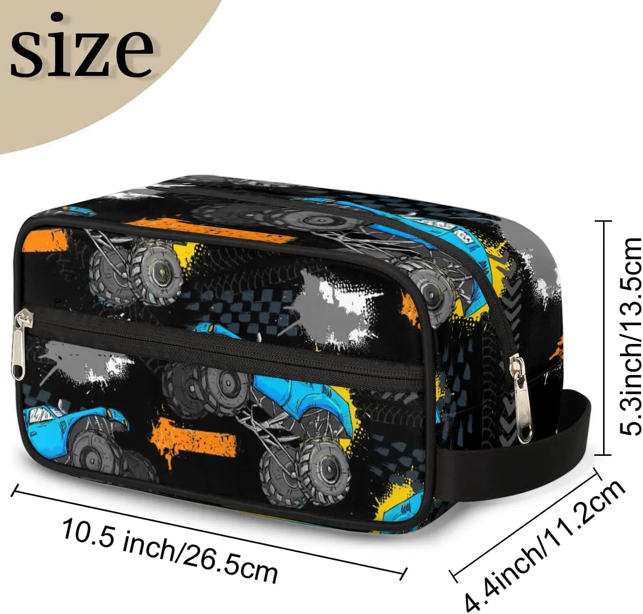 Monster Car Trucks Toiletry Bag for Boys Men, Travel Toiletry Bag for Woman Cosmetic Makeup Bag, Tire Tracks Waterproof Shaving Bag for Toiletries Accessories Travel Essentials