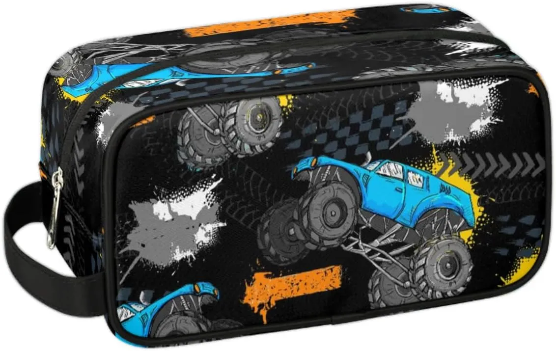 Monster Car Trucks Toiletry Bag for Boys Men, Travel Toiletry Bag for Woman Cosmetic Makeup Bag, Tire Tracks Waterproof Shaving Bag for Toiletries Accessories Travel Essentials
