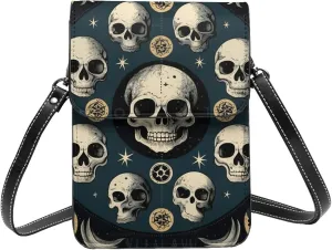 moon phases skull mystic Abstract Vintage Leather Small Crossbody Bags for Women Cell Phone Bag Wallet Purses with Adjustable Strap