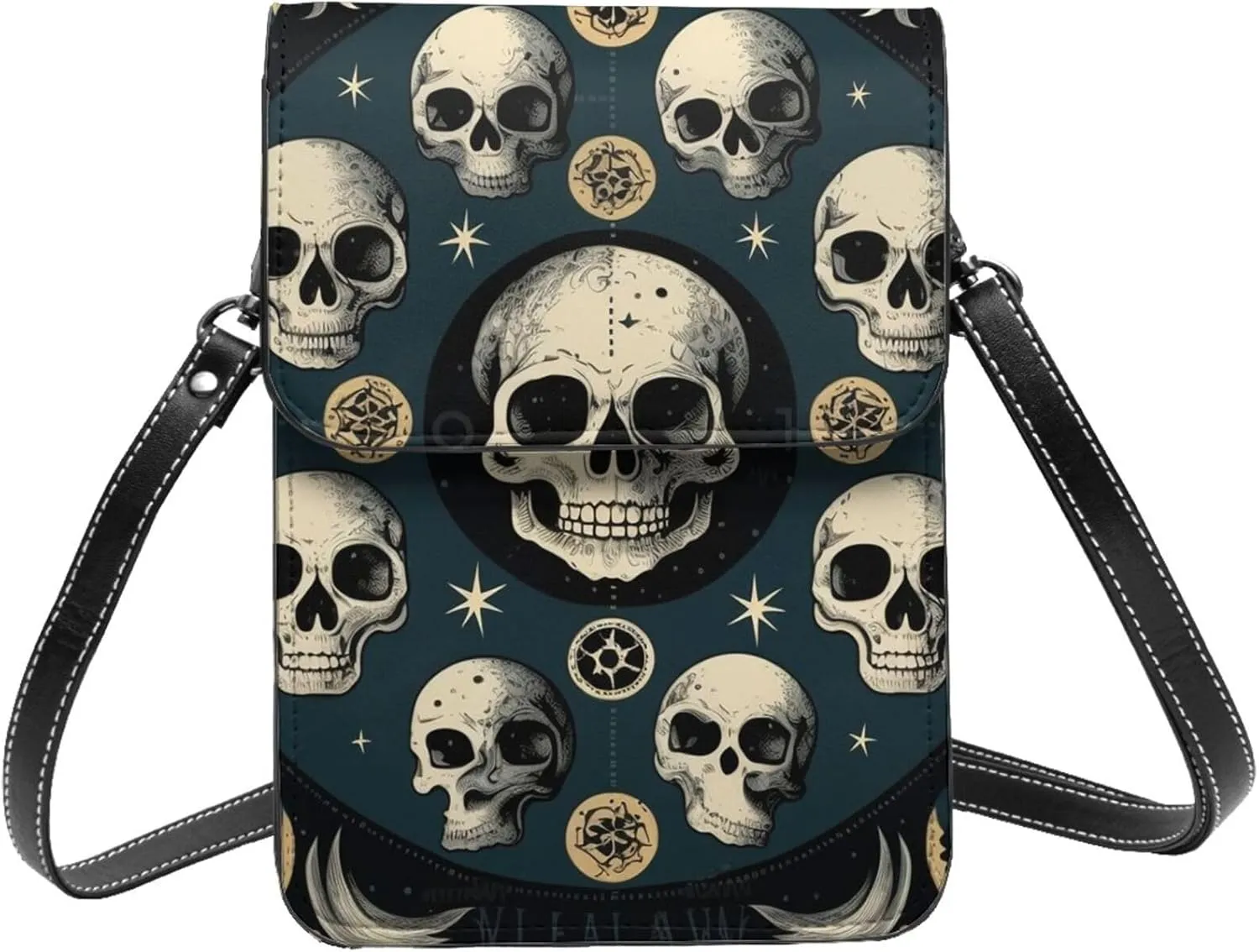 moon phases skull mystic Abstract Vintage Leather Small Crossbody Bags for Women Cell Phone Bag Wallet Purses with Adjustable Strap