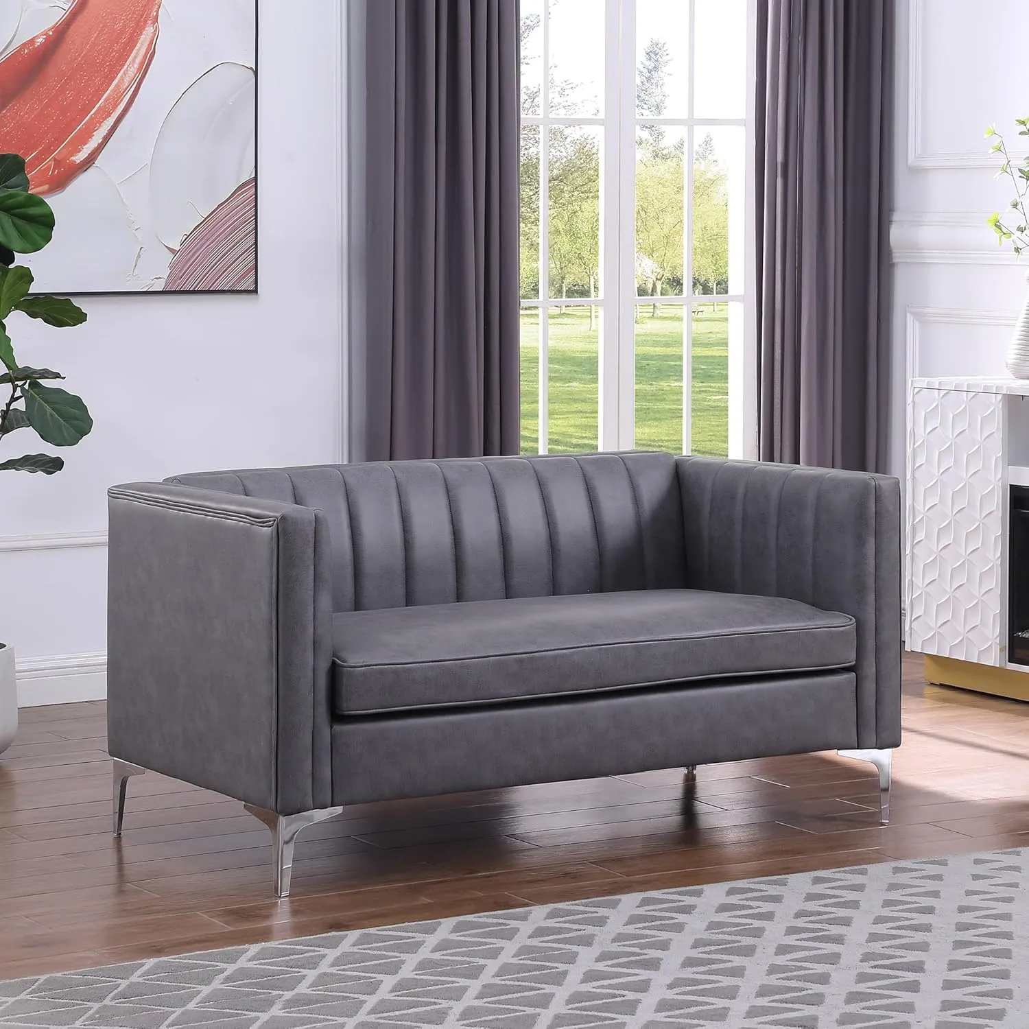 Morden Fort Faux Leather Loveseat Sofa, 55" Modern Hightech Fabric Loveseat Easy to Clean and Install Furniture, Small Faux Leather Couch Loveseat for Living Room Lounge Office to Read and Relax Grey