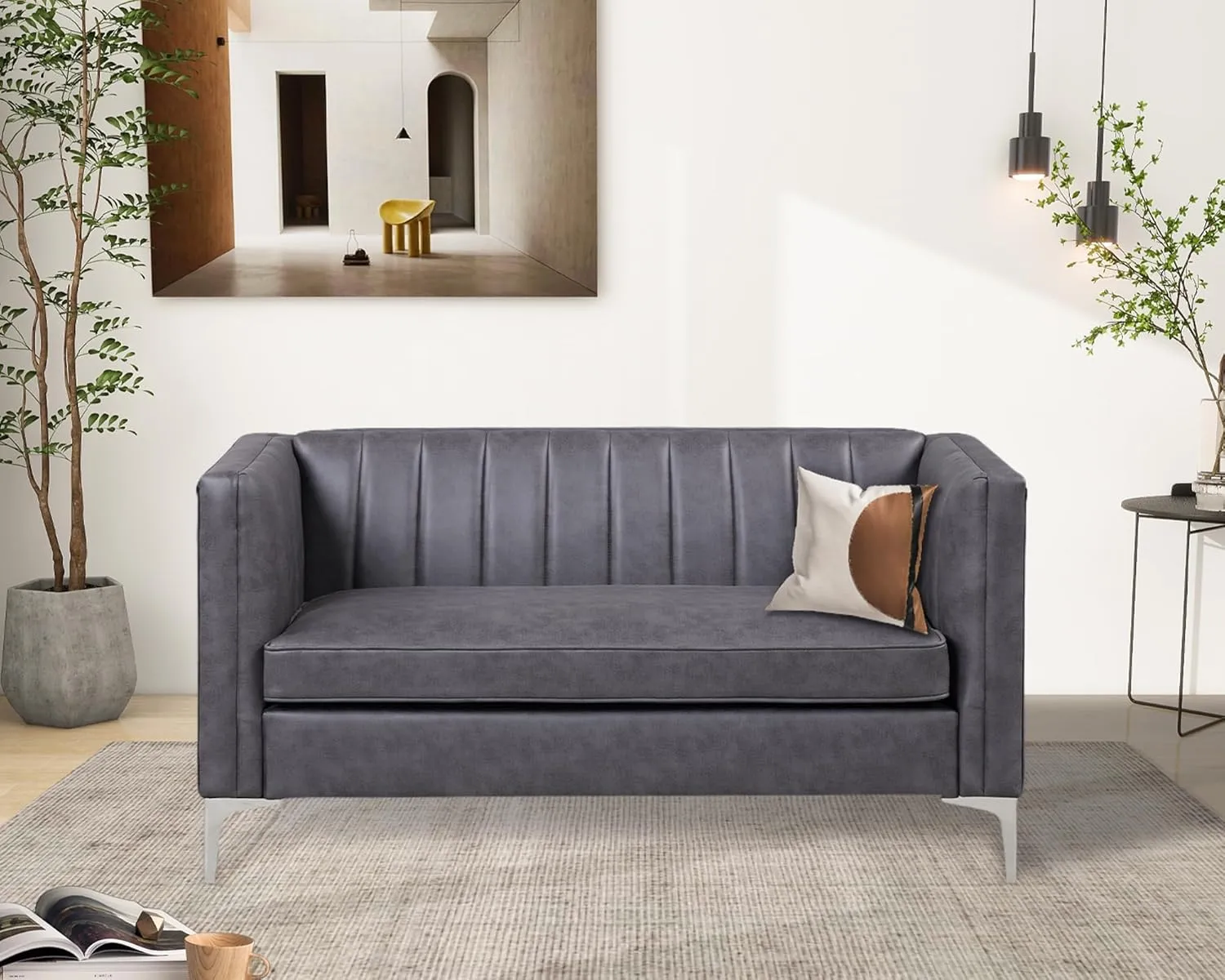 Morden Fort Faux Leather Loveseat Sofa, 55" Modern Hightech Fabric Loveseat Easy to Clean and Install Furniture, Small Faux Leather Couch Loveseat for Living Room Lounge Office to Read and Relax Grey